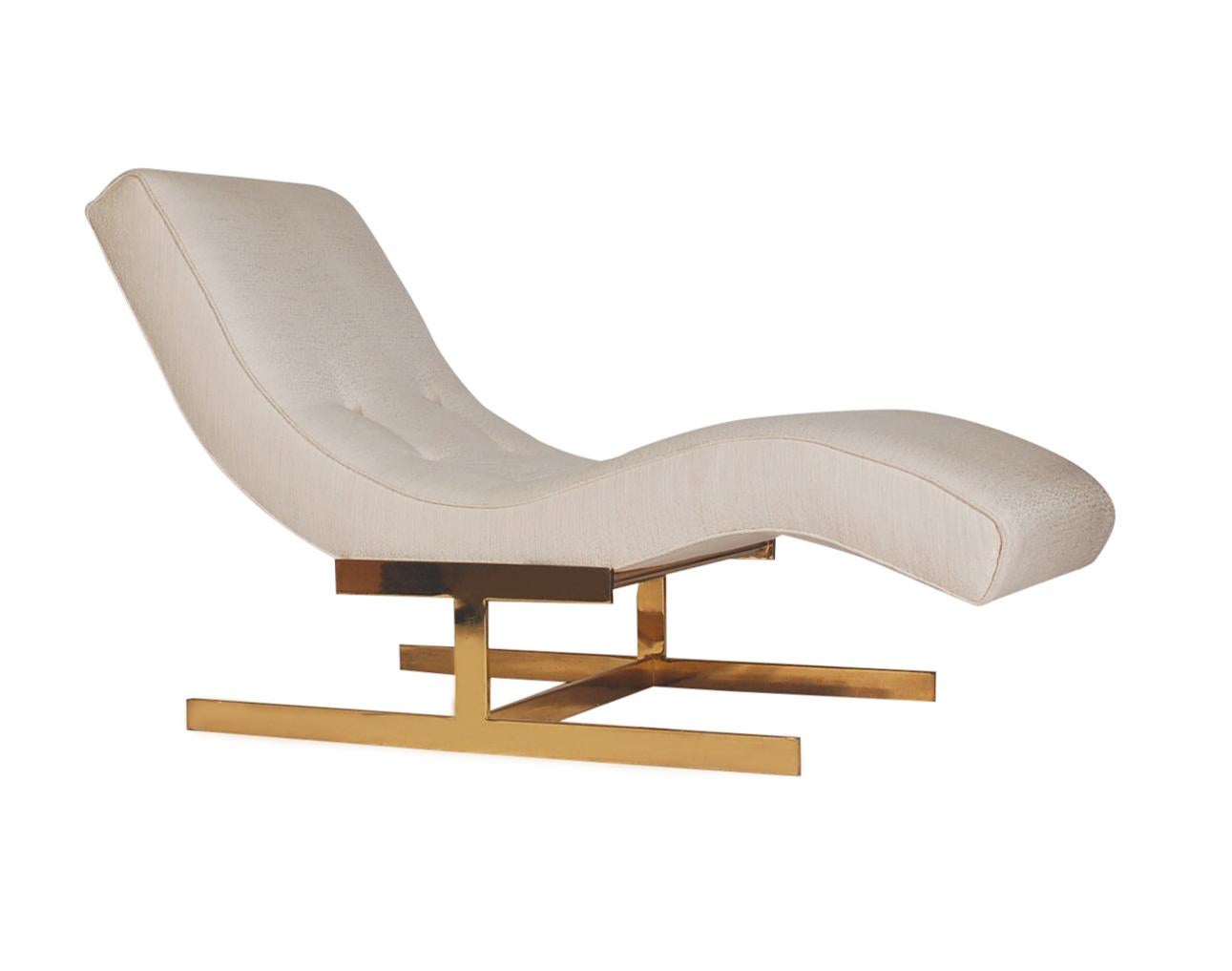 Milo Baughman Hollywood Regency White Chaise Lounge with Brass Legs 1