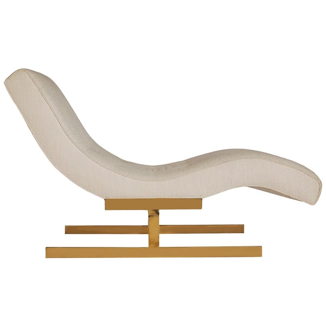 Milo Baughman Hollywood Regency White Chaise Lounge with Brass Legs