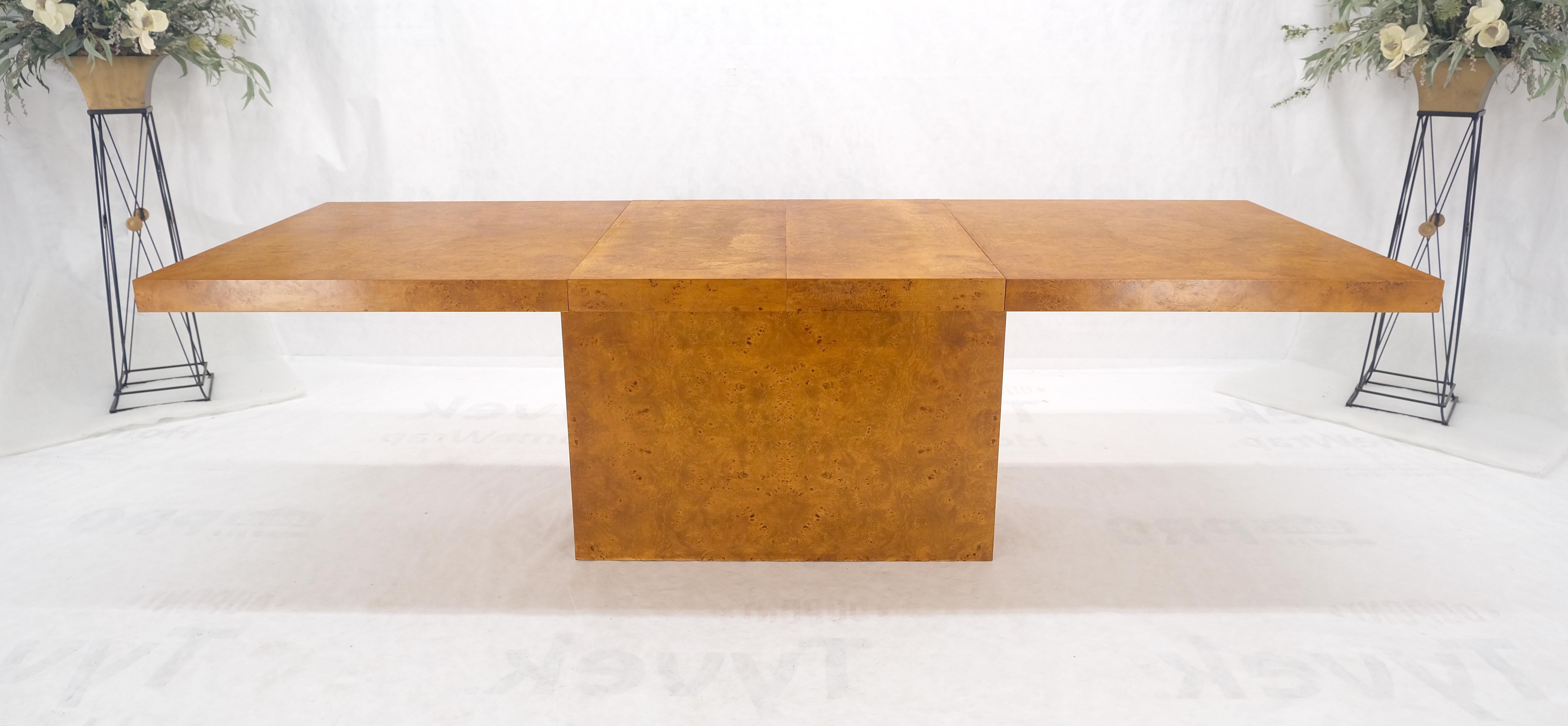 Milo Baughman Honey Amber Burl Wood Single Pedestal Dining Table Two Leaves MINT 6
