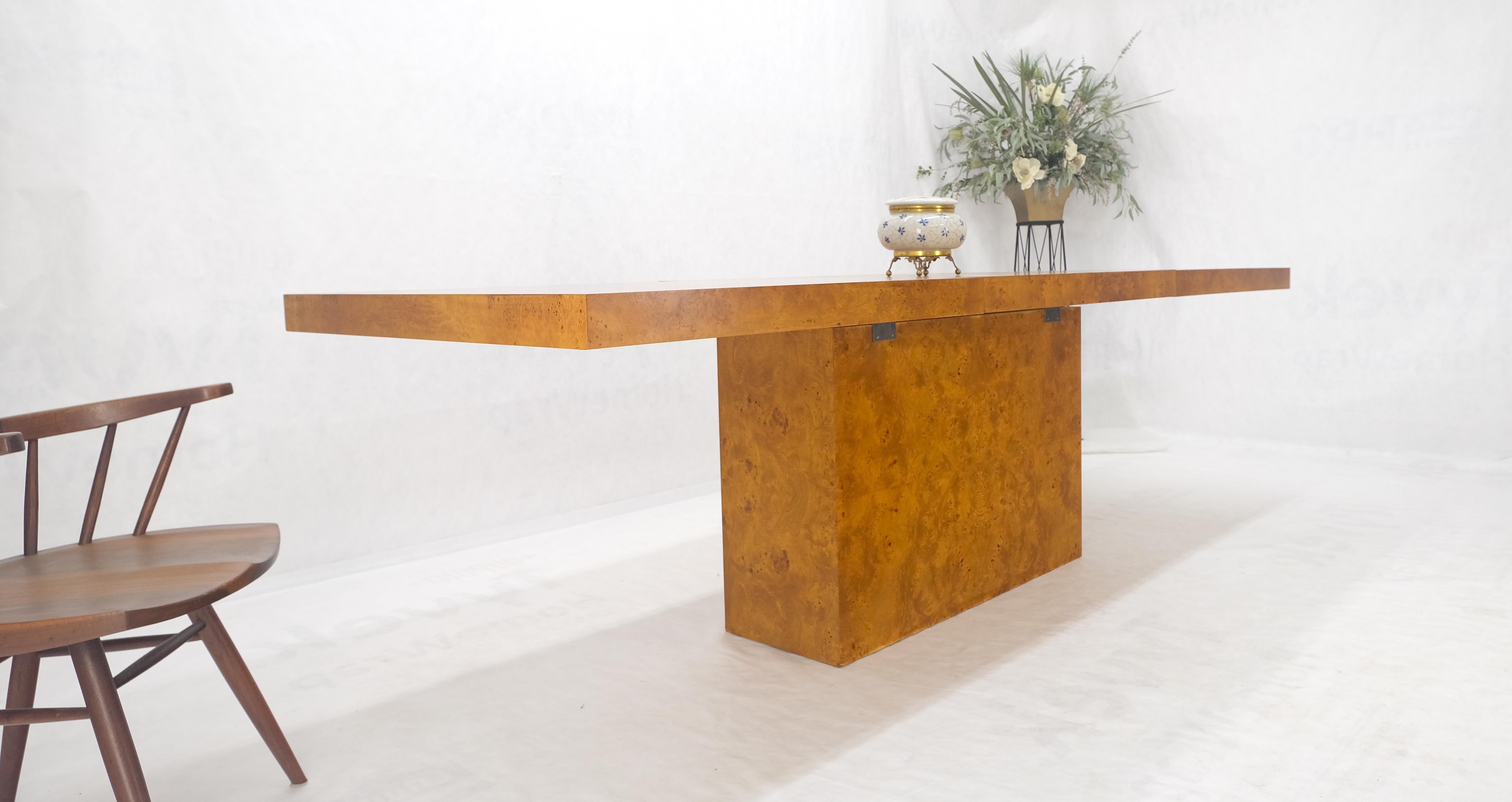 Milo Baughman Honey Amber Burl Wood Single Pedestal Dining Table Two Leaves MINT 7