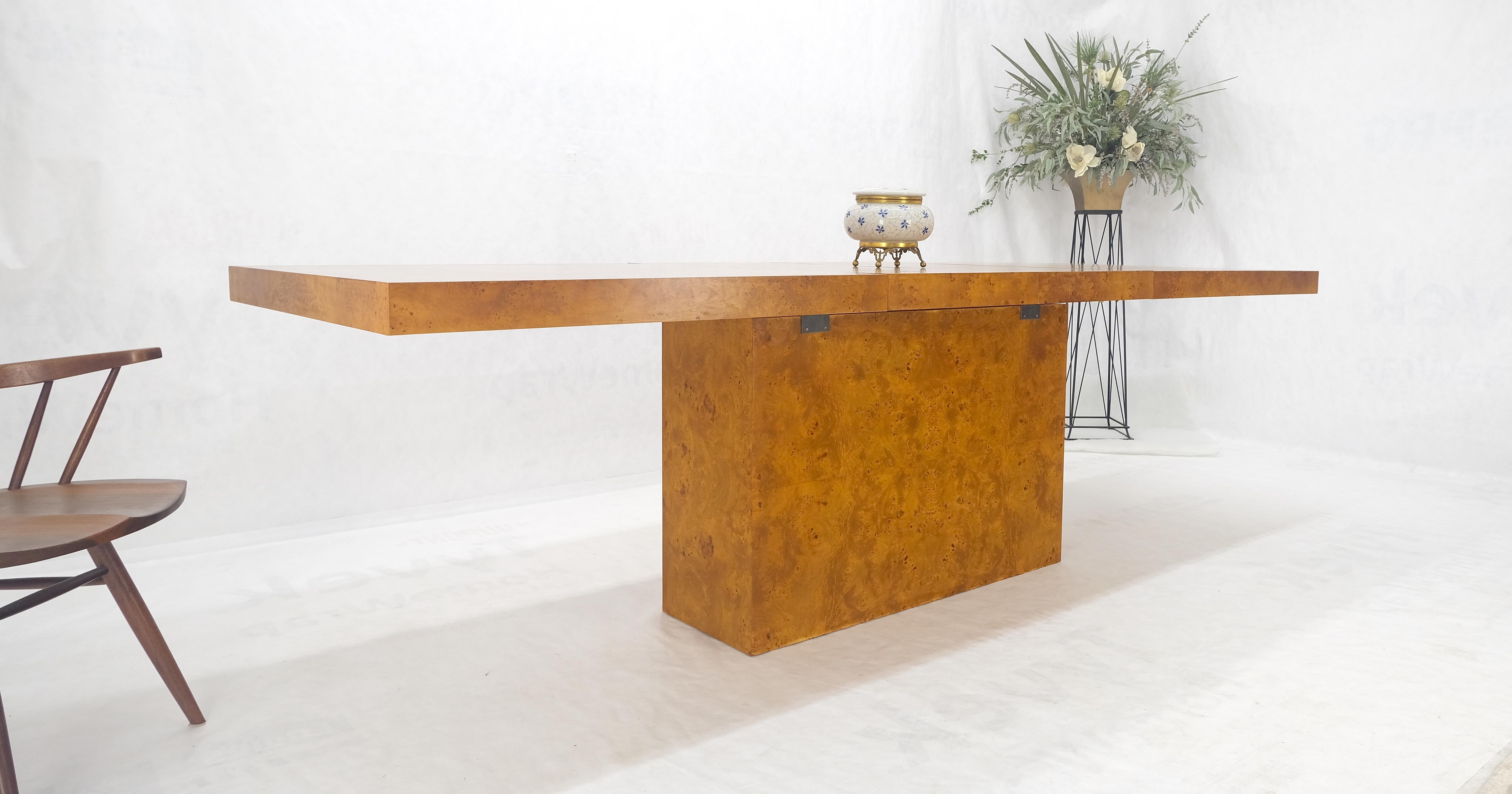Milo Baughman Honey Amber Burl Wood Single Pedestal Dining Table Two Leaves MINT 8