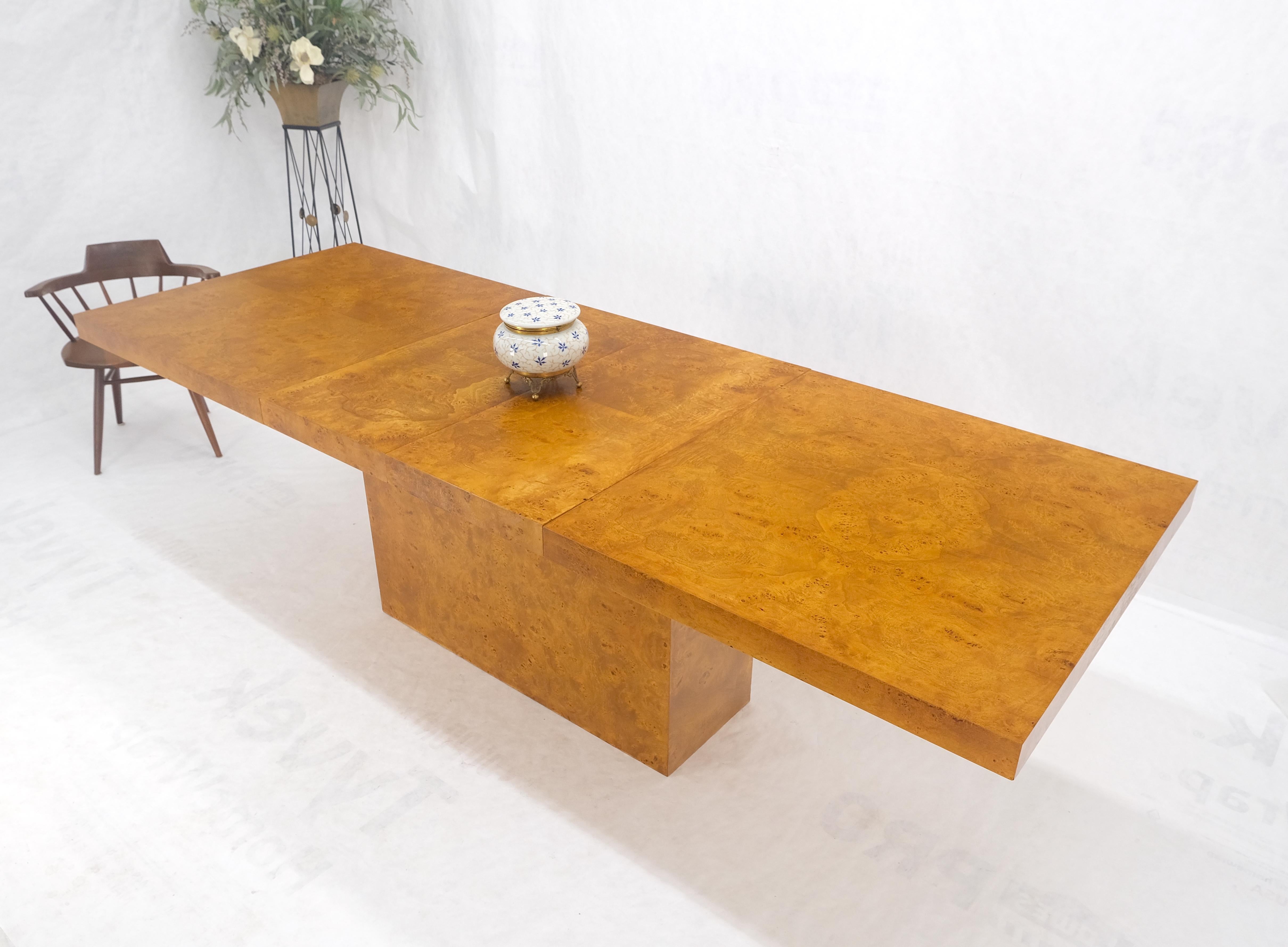Milo Baughman Honey Amber Burl Wood Single Pedestal Dining Table Two Leaves MINT 9