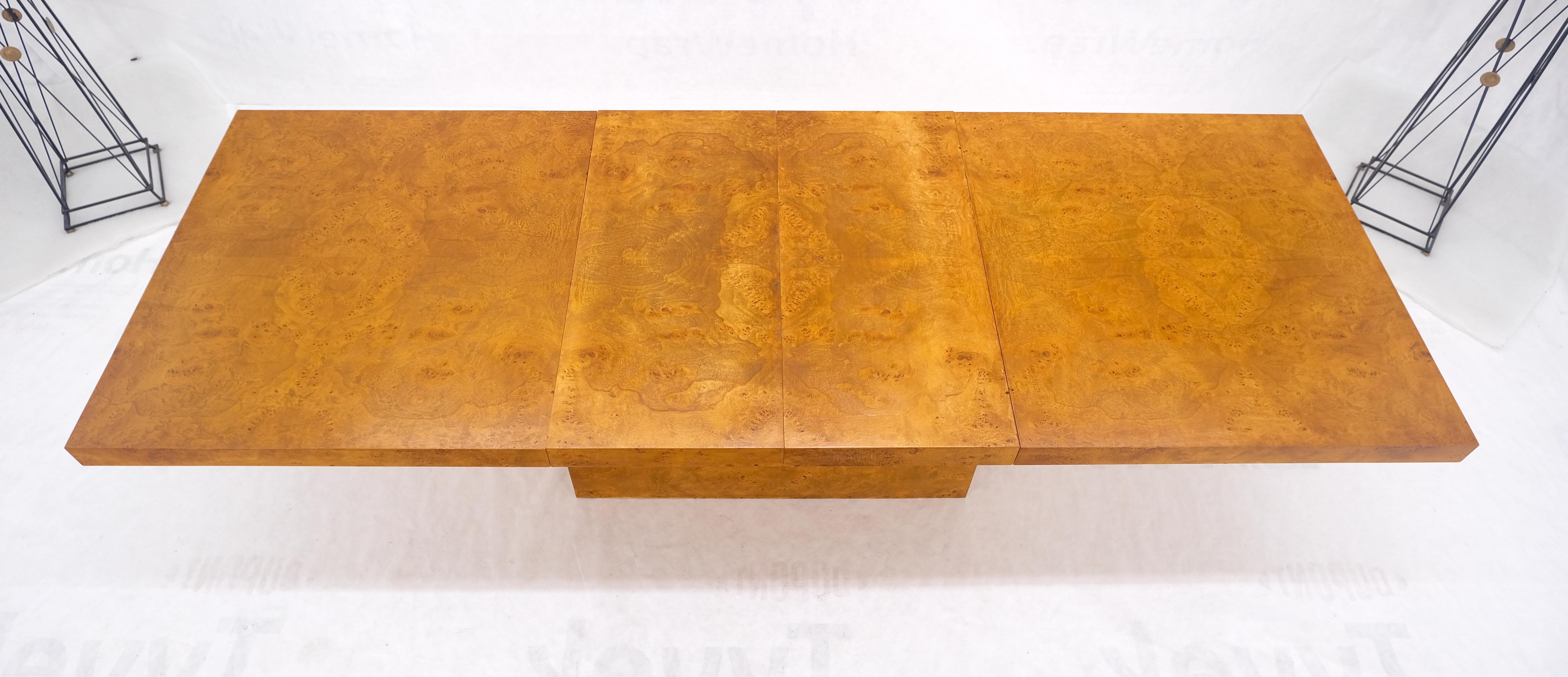 Mid-Century Modern Milo Baughman Honey Amber Burl Wood Single Pedestal Dining Table Two Leaves MINT