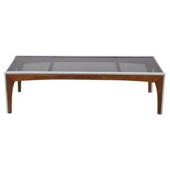 Milo Baughman-Inspired Walnut and Aluminum Smoked Glass Coffee Table
