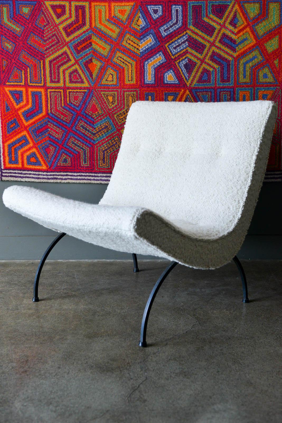 Milo Baughman Iron Base Scoop Chair, ca. 1950. Professionally reupholstered in beautiful ivory Boucle, with original iron base. Beautiful high end boucle contrasts the black frame.

Measures Height: 27 in. 
Width: 26 in. 
Depth: 27 in. 
Seat