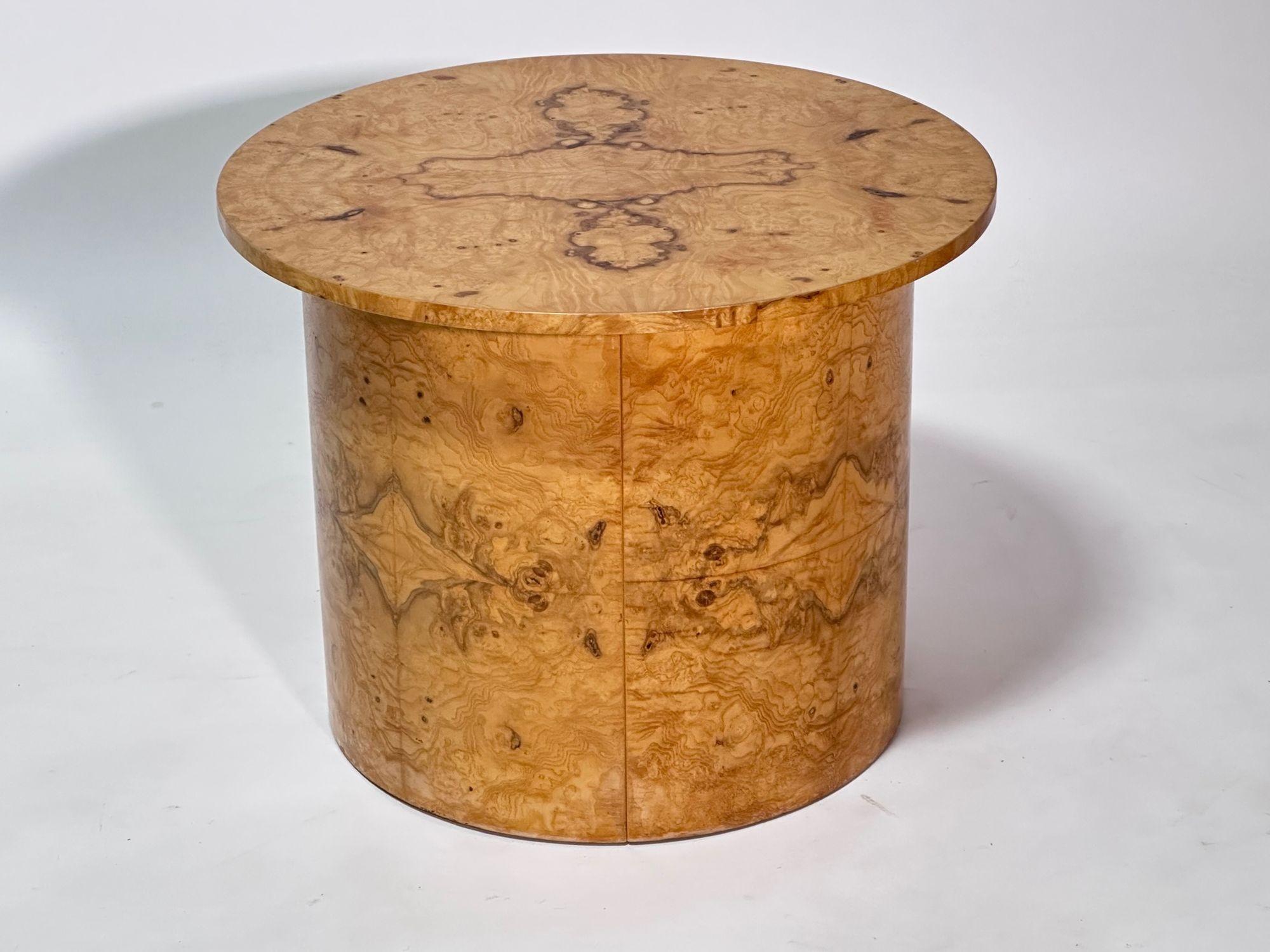 Milo Baughman Italian Burl Olive Wood End/Side Table w/Swivel Top, 1970.  The top of table swivels around.  Completely restored.

