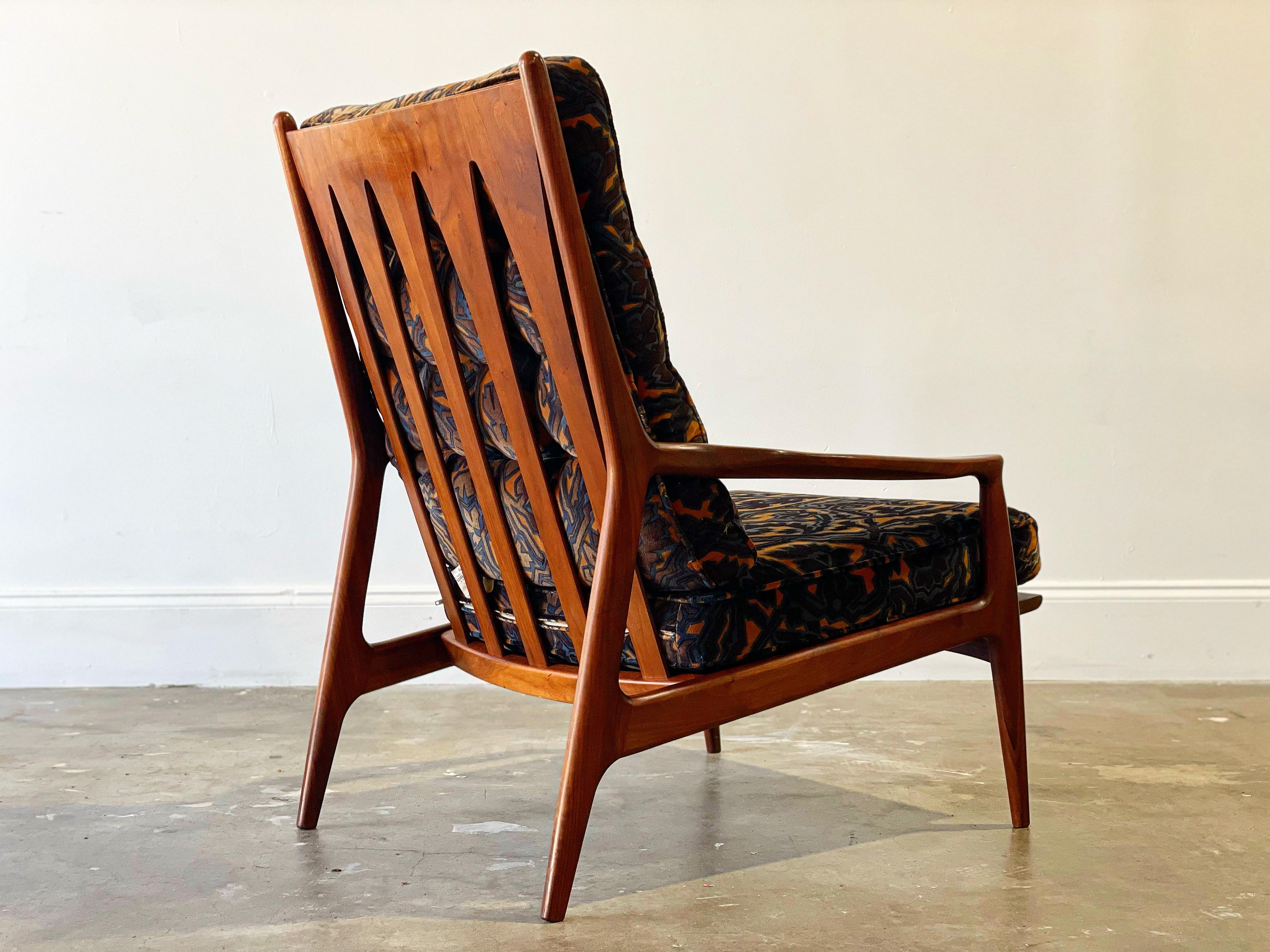 Milo Baughman + Jack Lenor Larsen - All Original - Unique on the Market
Archie high back lounge chair in sculpted solid American black walnut and all original Jack Lenor Larsen velvet. Truly a time capsule piece - this example has withstood the