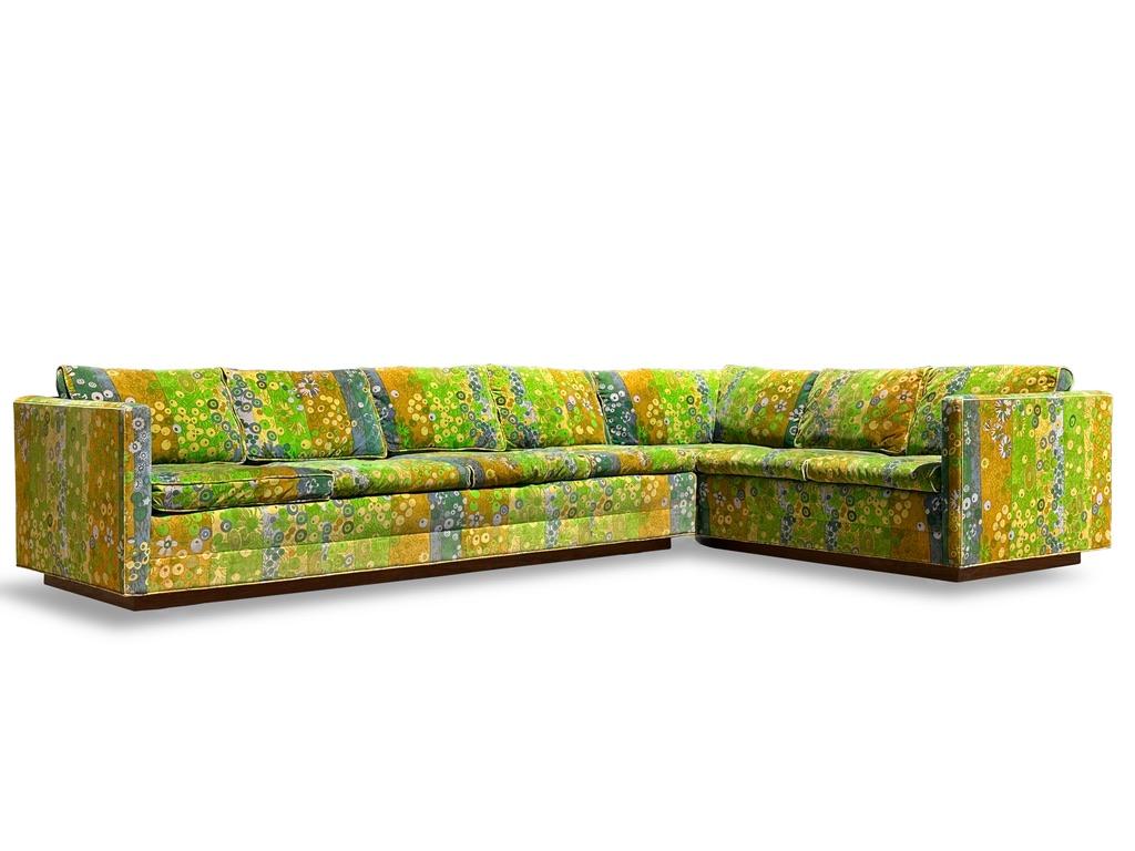 Vintage Jack Lenor Larsen Velvet Sectional Sofa in Green Primavera 1970s

Custom Milo Baughman attributed velvet sofa dated 1974
In Primavera pattern designed by Don Wight for Jack Lenor Larsen in 1959

2 piece L configuration sectional on a walnut