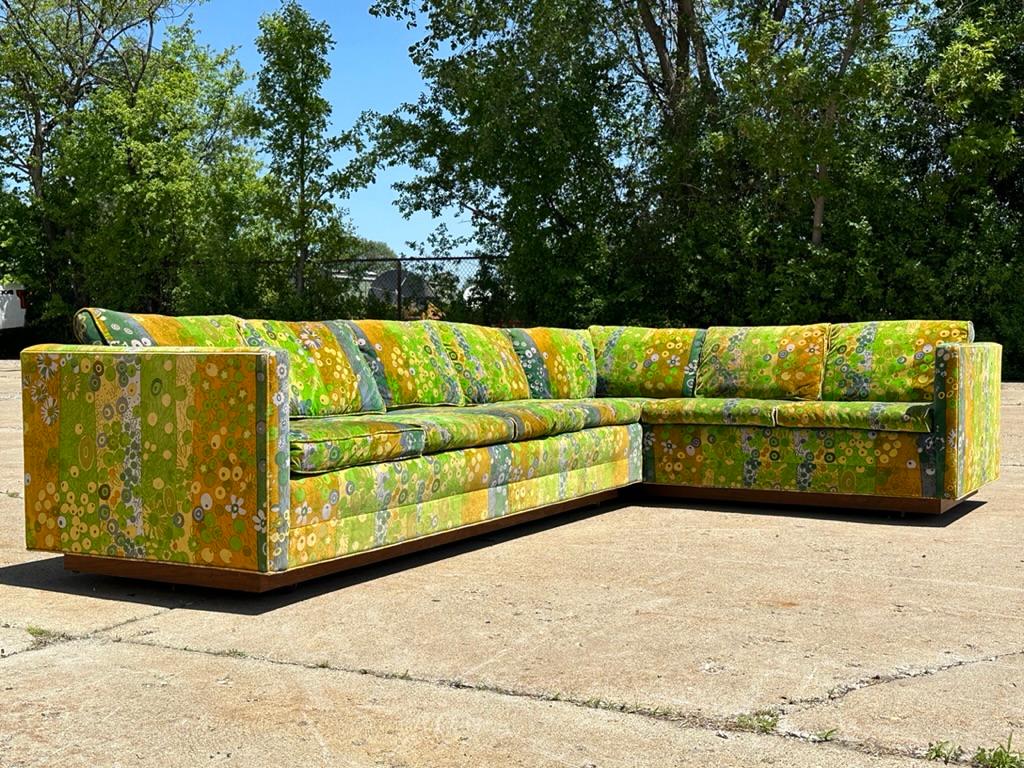 Milo Baughman Jack Lenor Larsen Velvet Sectional Sofa in Green Primavera 1970s 1