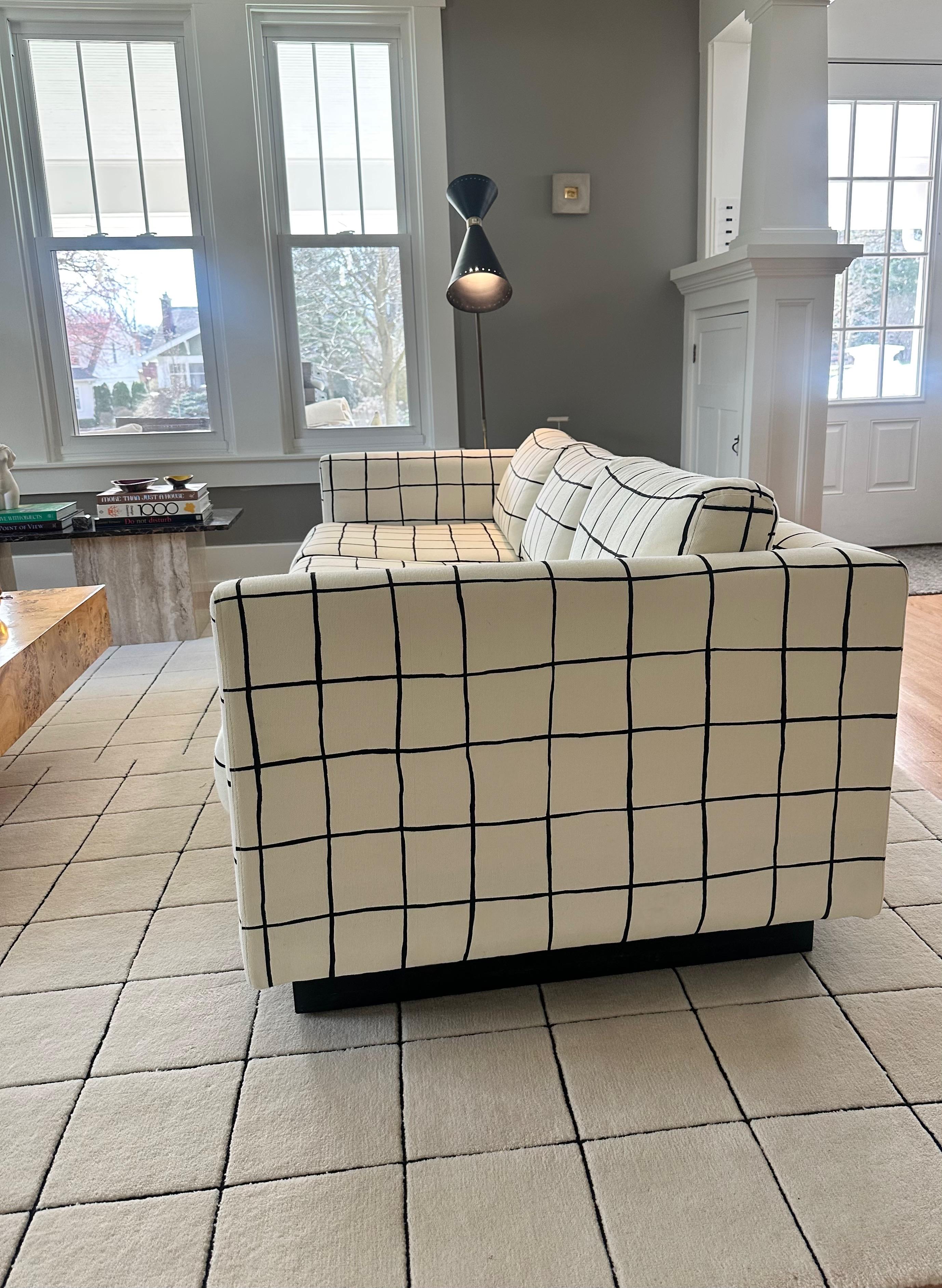Cotton Milo Baughman Kelly Wearstler Coquette Alabaster & Black Tuxedo Sofa