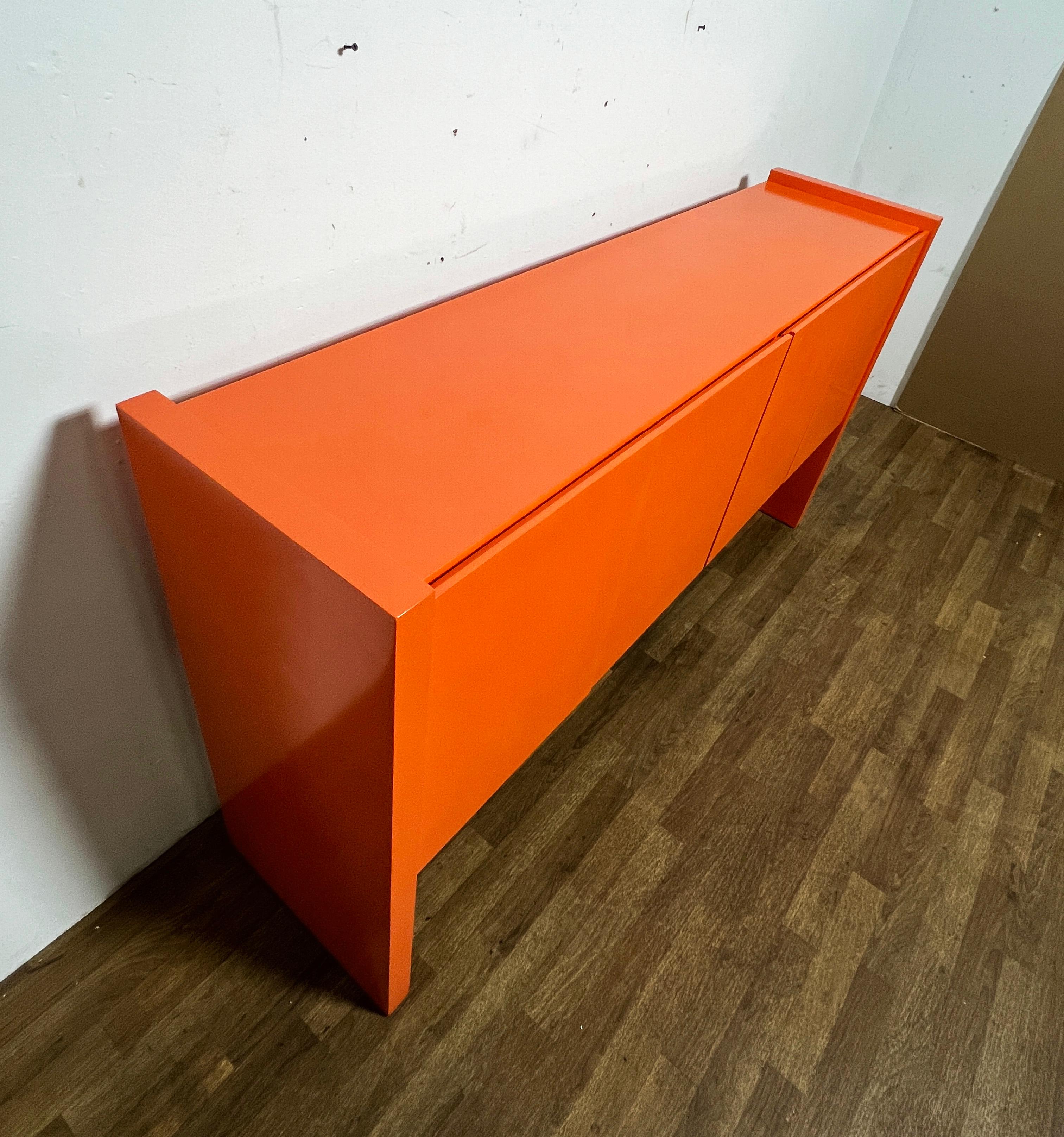 Mid-Century Modern Milo Baughman Lacquered Four Door Credenza in Orange, Circa 1970s