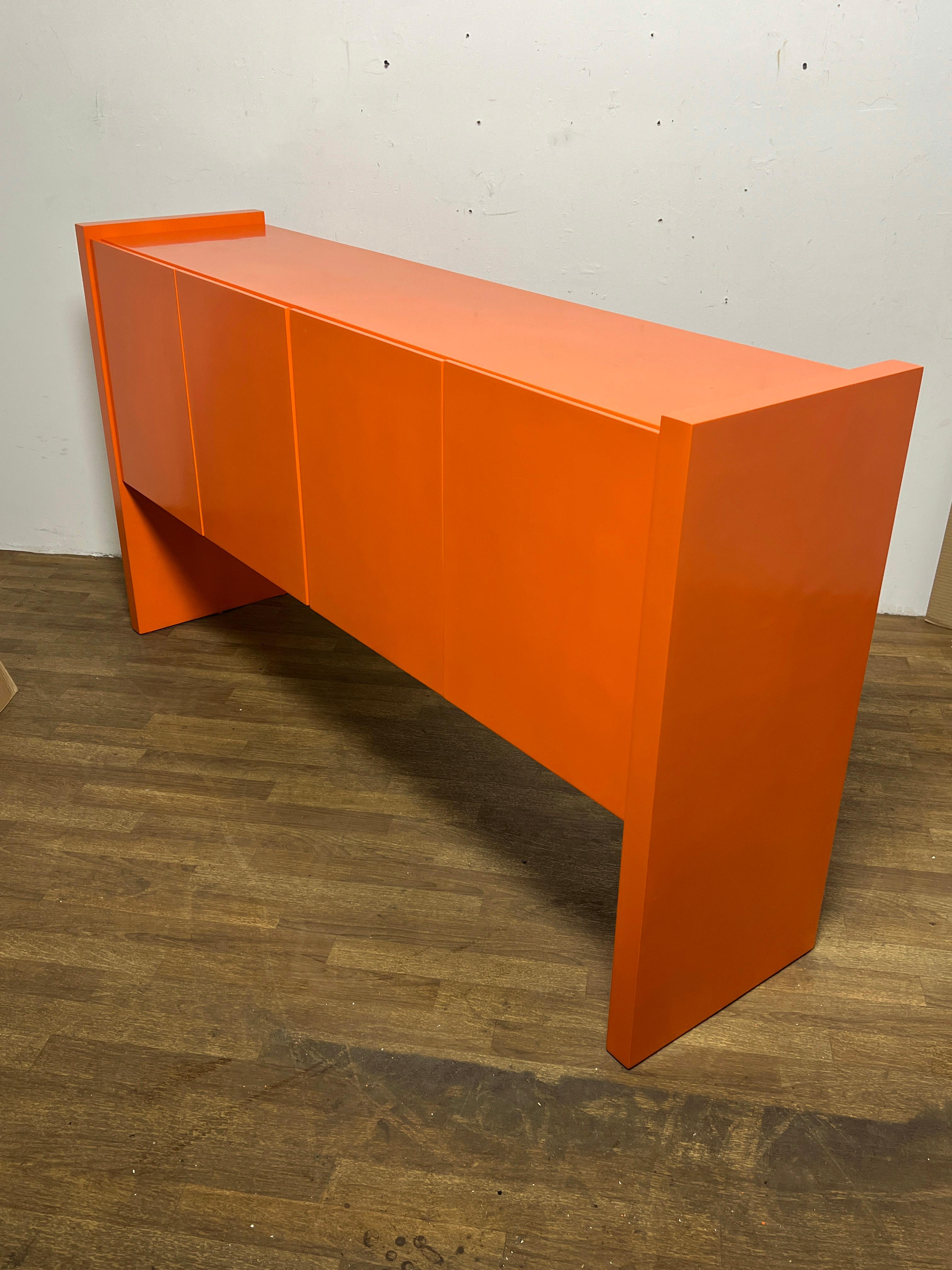 American Milo Baughman Lacquered Four Door Credenza in Orange, Circa 1970s
