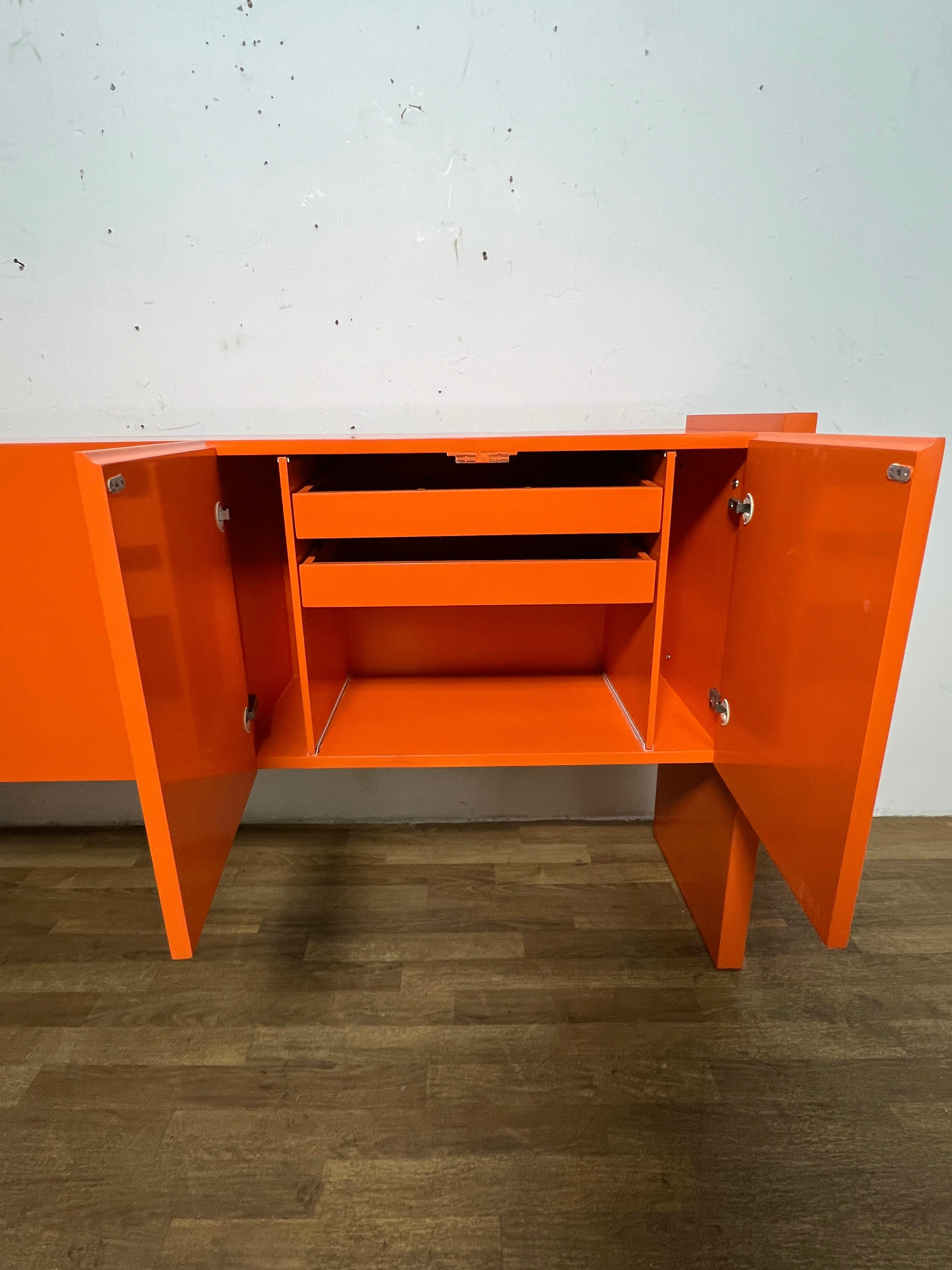 Wood Milo Baughman Lacquered Four Door Credenza in Orange, Circa 1970s