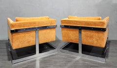 Milo Baughman Large T-Back Lounge Chairs in Orange Microfiber