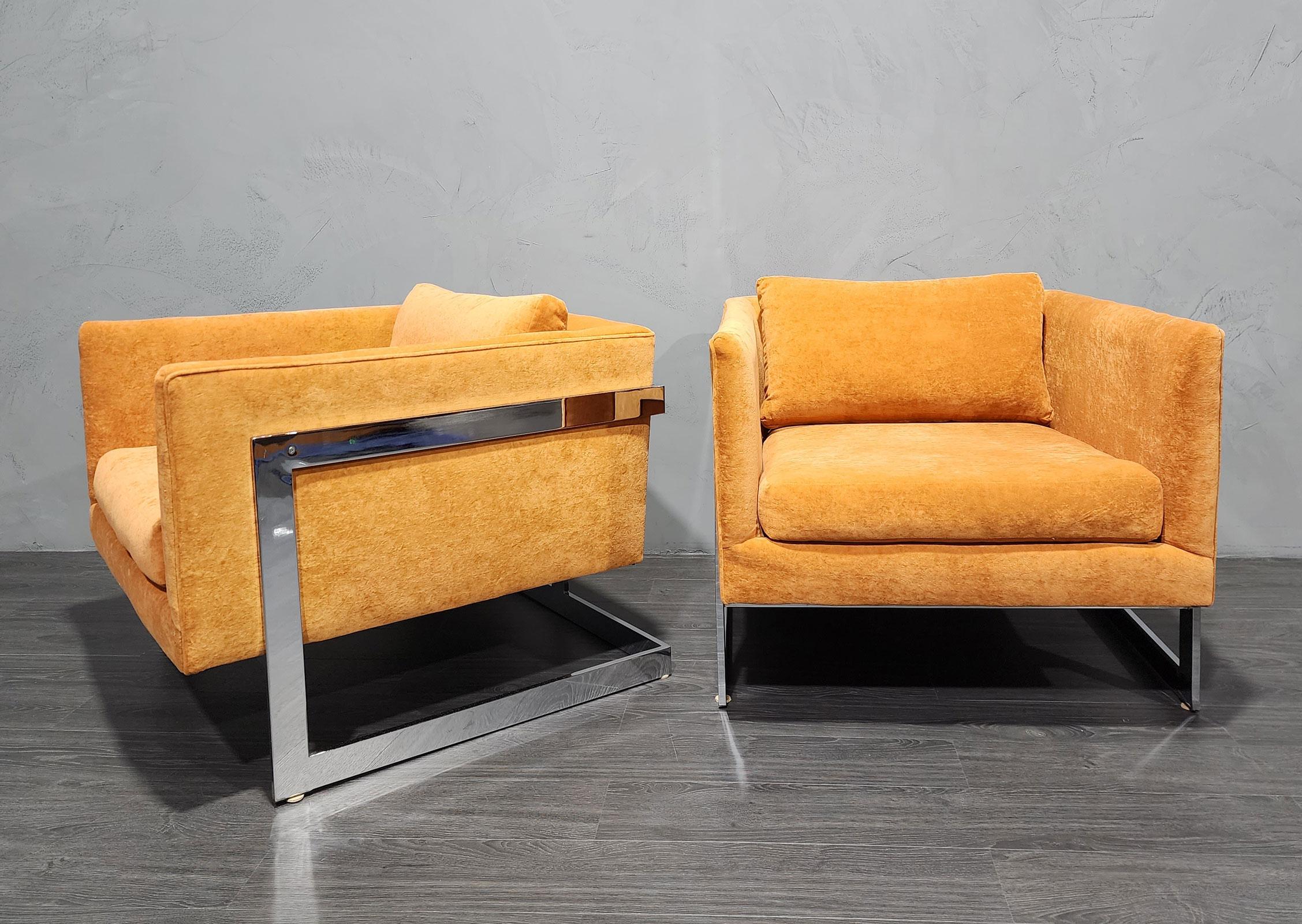 Mid-Century Modern Milo Baughman Large T-Back Lounge Chairs in Orange Microfiber For Sale