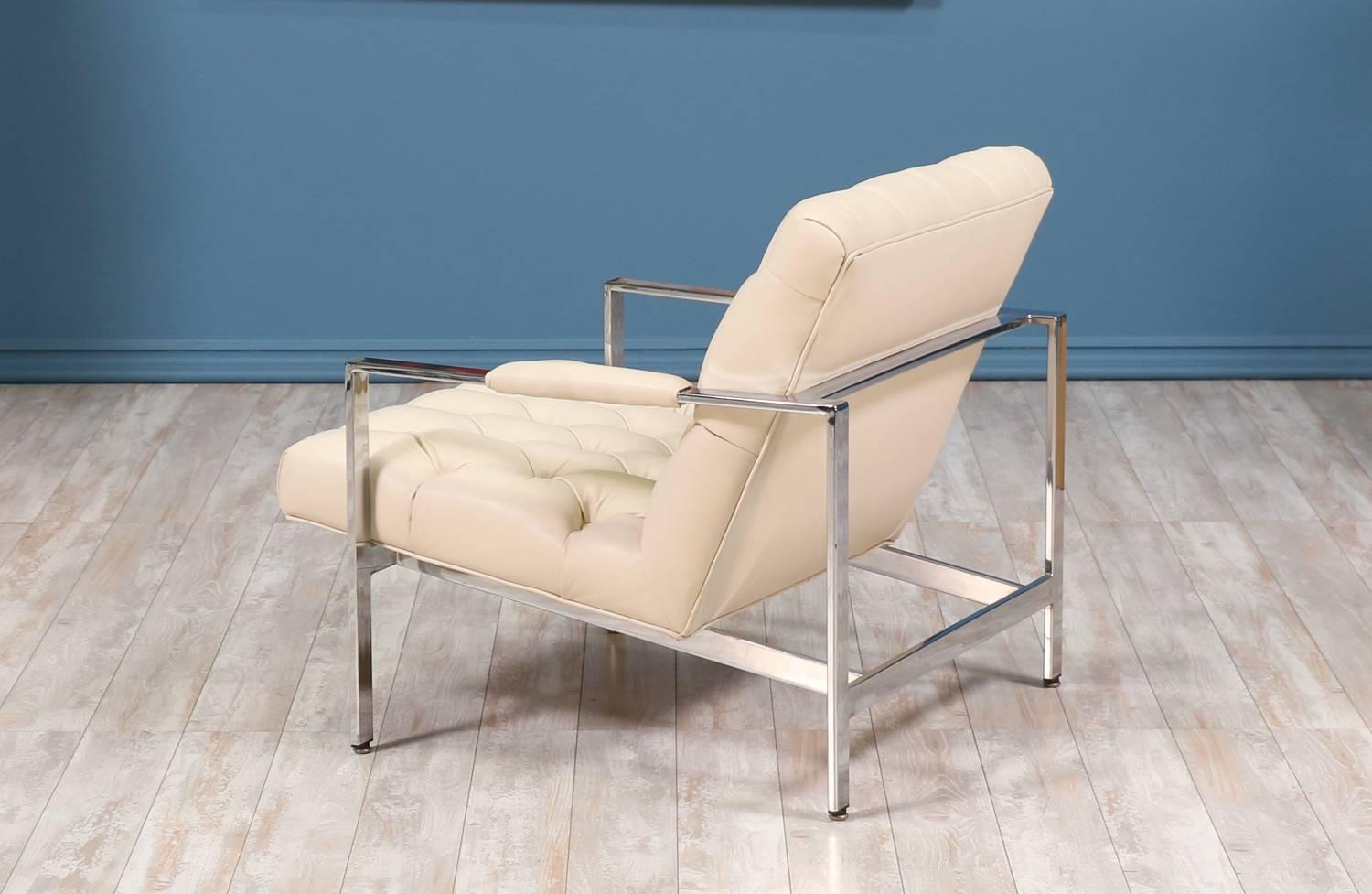 American Milo Baughman Leather and Chrome Tufted Lounge Chair for Thayer Coggin