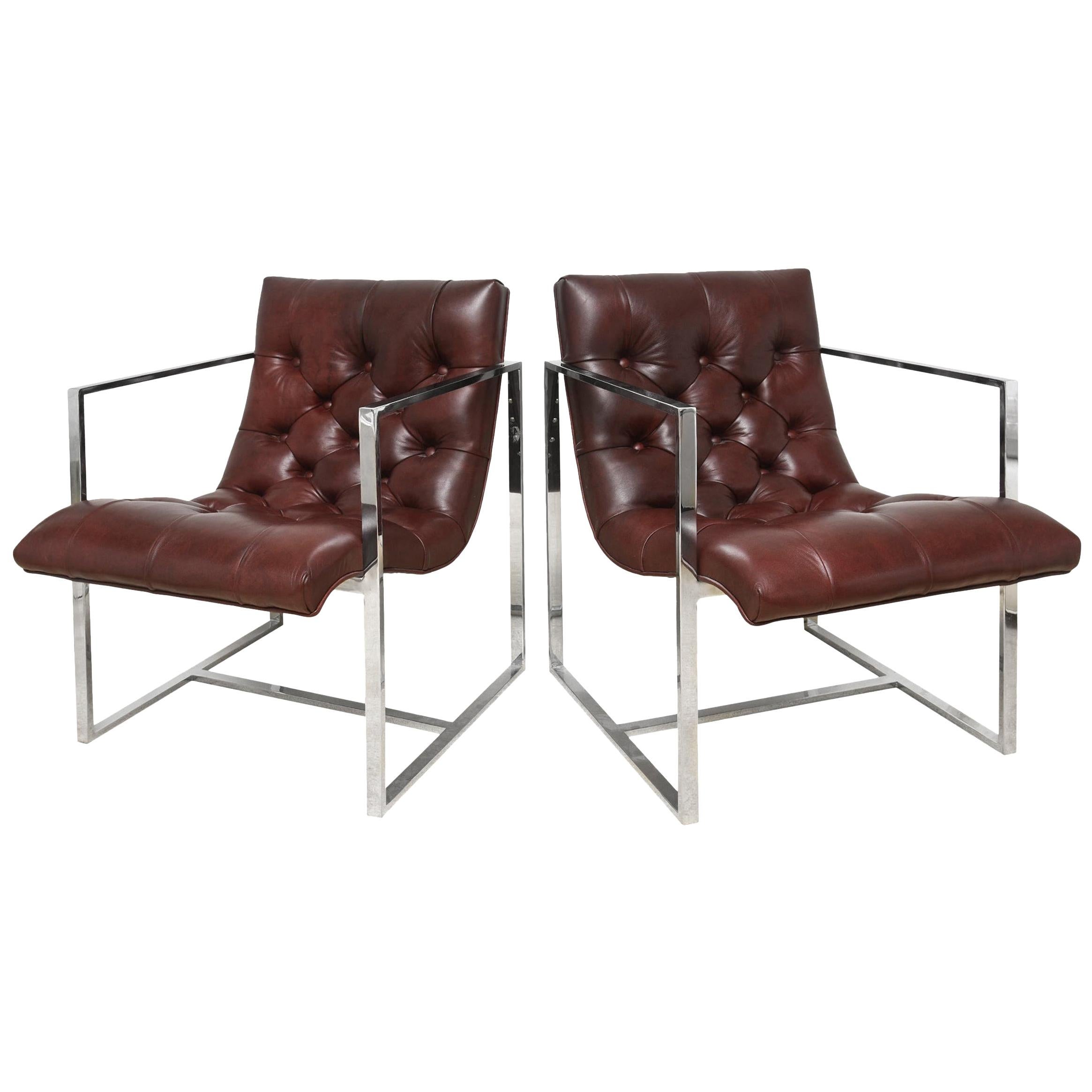 Milo Baughman Attr. Burgundy Leather Tufted Chrome Cube Side Chairs Vintage Pair