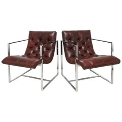 Vintage MIlo Baughman Attr. Burgundy Leather Tufted Chrome Cube Side Chairs Pair