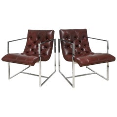 Milo Baughman Attr. Burgundy Leather Tufted Chrome Cube Side Chairs Retro Pair