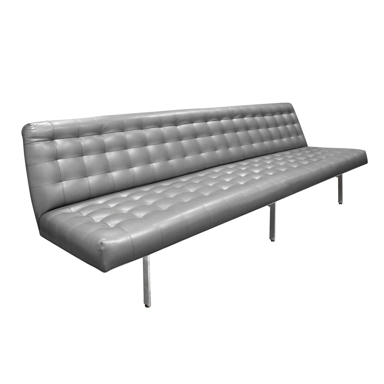 Long slipper sofa in box tufted silver satin hernatite vinyl with chrome base by Milo Baughman for Thayer Coggin, American, 1970s. Clean design makes this piece both chic end elegant.