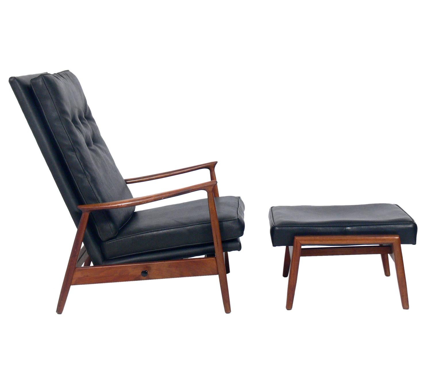 Mid-Century Modern lounge chair and ottoman, designed by Milo Baughman for James Inc., circa 1960s. Signed with James Inc. label underneath. This chair is currently being prepared for reupholstery and can be completed in your fabric. The price noted