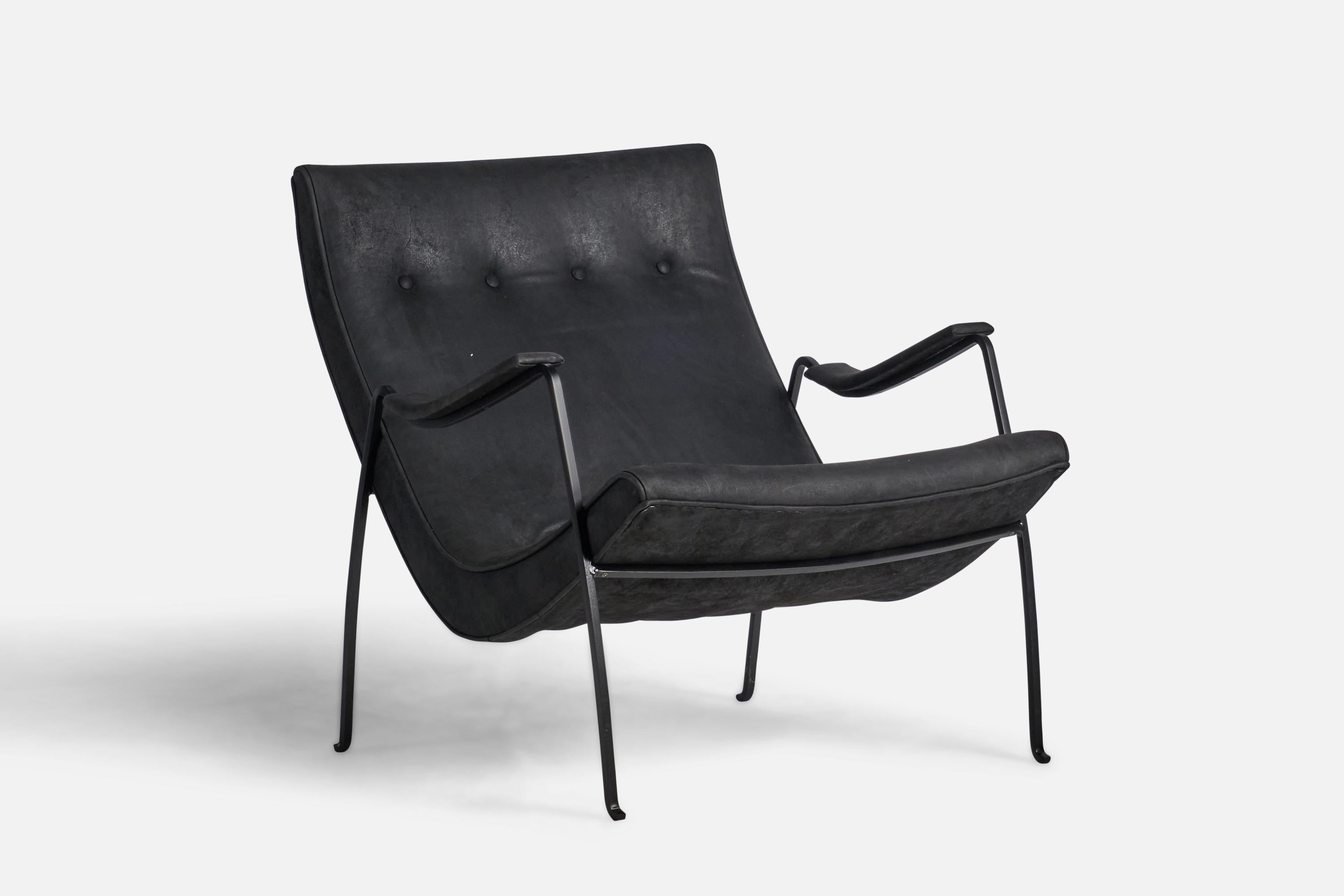 A black-lacquered metal and black leather lounge chair designed by Milo Baughman and produced by Thayer Coggin, High Point, North Carolina, USA, 1960s.