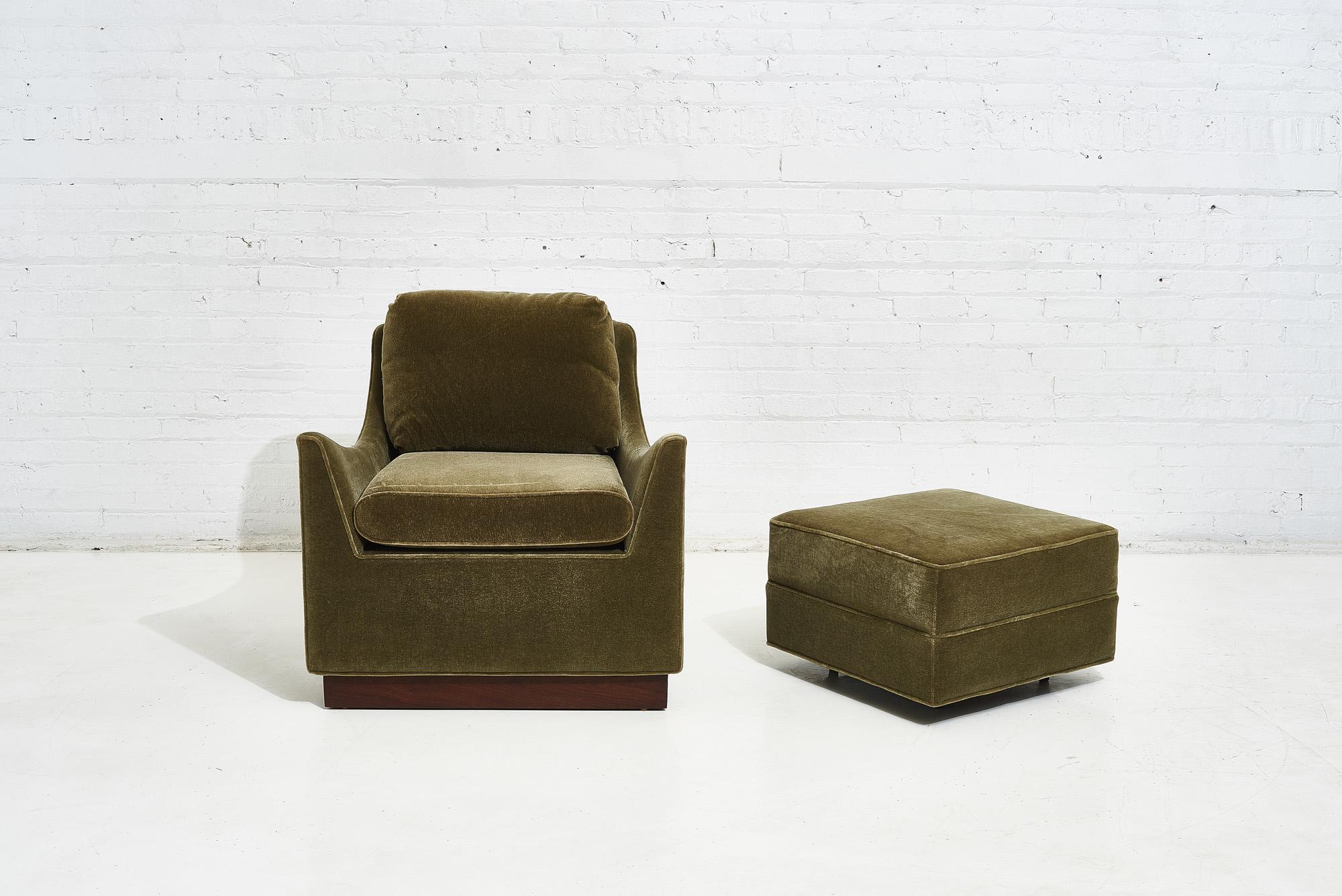 Milo Baughman lounge chair with ottoman, 1960’s. Recently reupholstered in green mohair. Milo Baughman by Thayer Coggin.