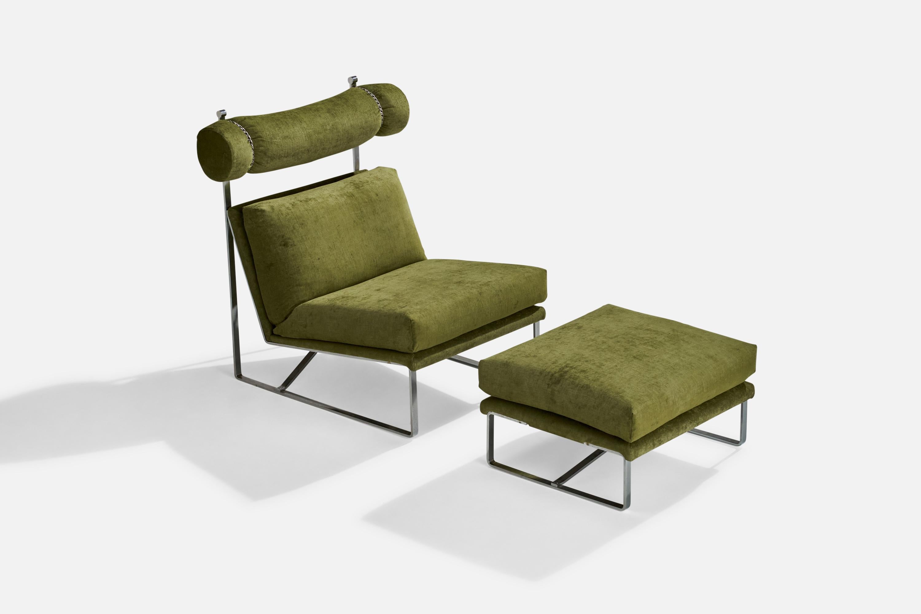 A green velvet and steel lounge chair with ottoman designed by Milo Baughman and produced by Thayer-Coggin, High Point, North Carolina, USA, 1970s.

Seat height 16.5”.