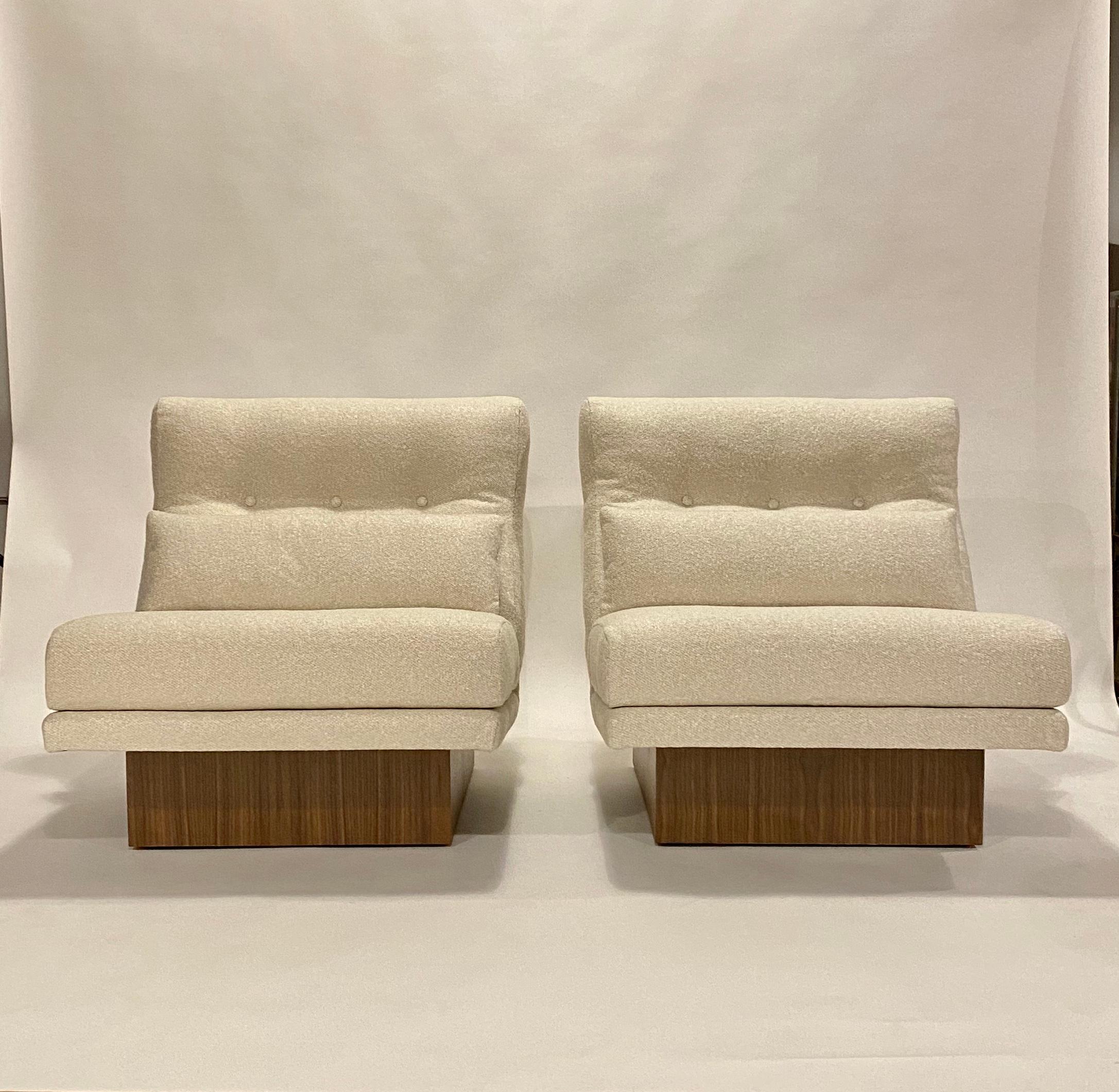 Milo Baughman Lounge Chairs on Walnut Plinths In Excellent Condition In Chicago, IL