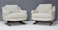 Milo Baughman Style Lounge Chairs with T-Leg Walnut Base and New Upholstery