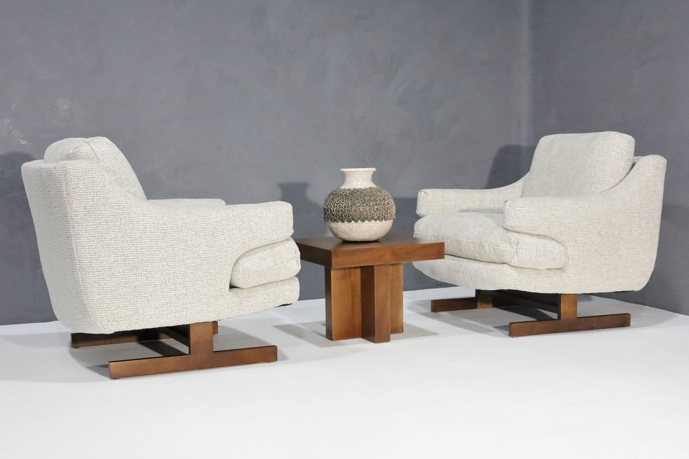 20th Century Milo Baughman Style Lounge Chairs with T-Leg Walnut Base and New Upholstery For Sale