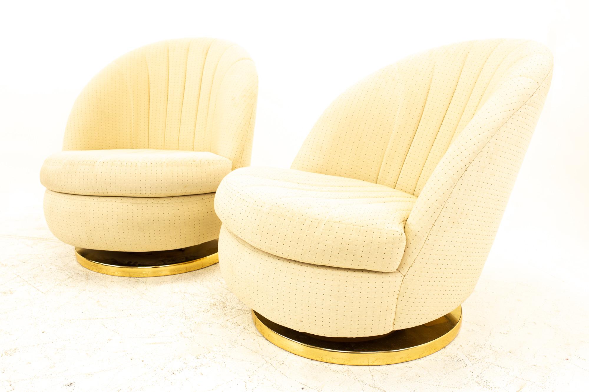 Mid-Century Modern Milo Baughman Mid Century Brass Base Swivel Barrel Lounge Chairs, Pair