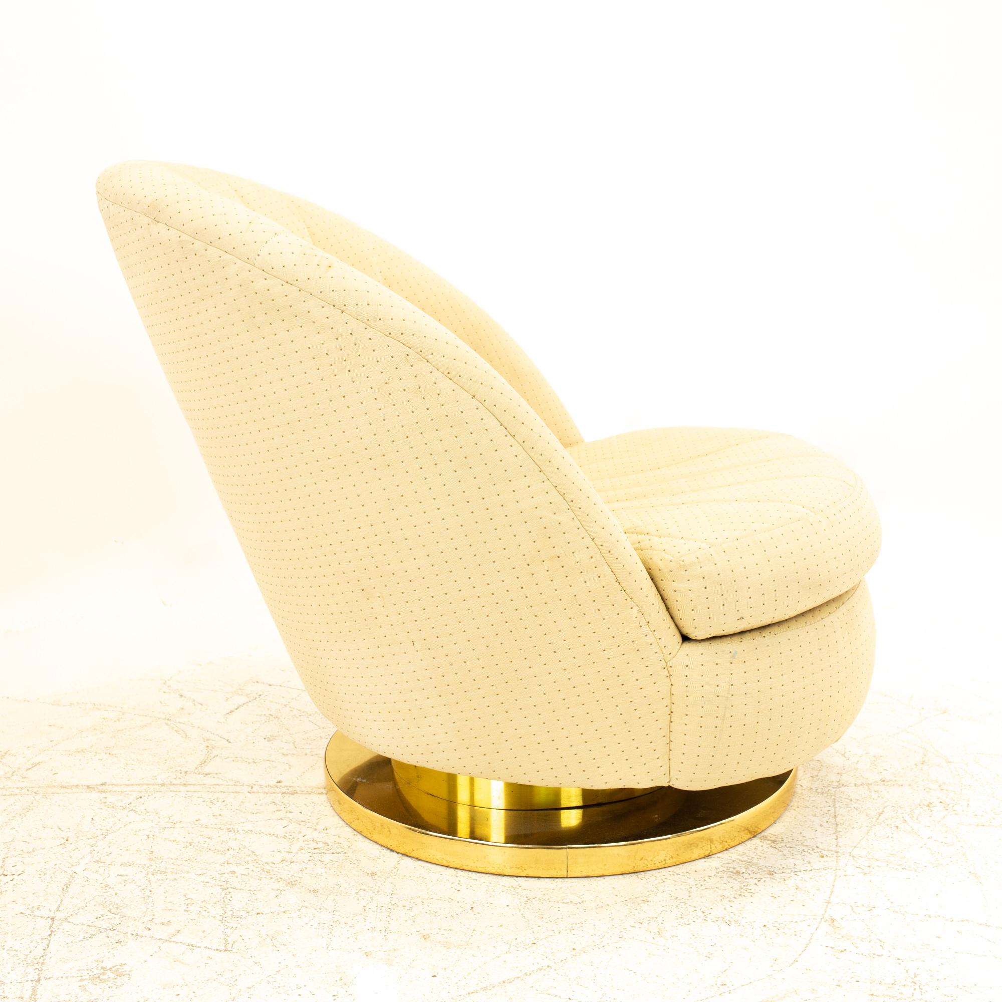 20th Century Milo Baughman Mid Century Brass Base Swivel Barrel Lounge Chairs, Pair