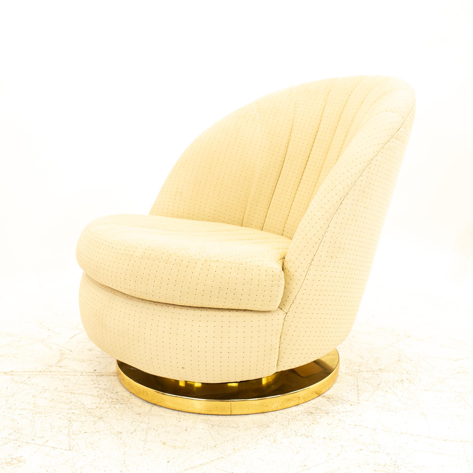 Milo Baughman Mid Century Brass Base Swivel Barrel Lounge Chairs, Pair 3