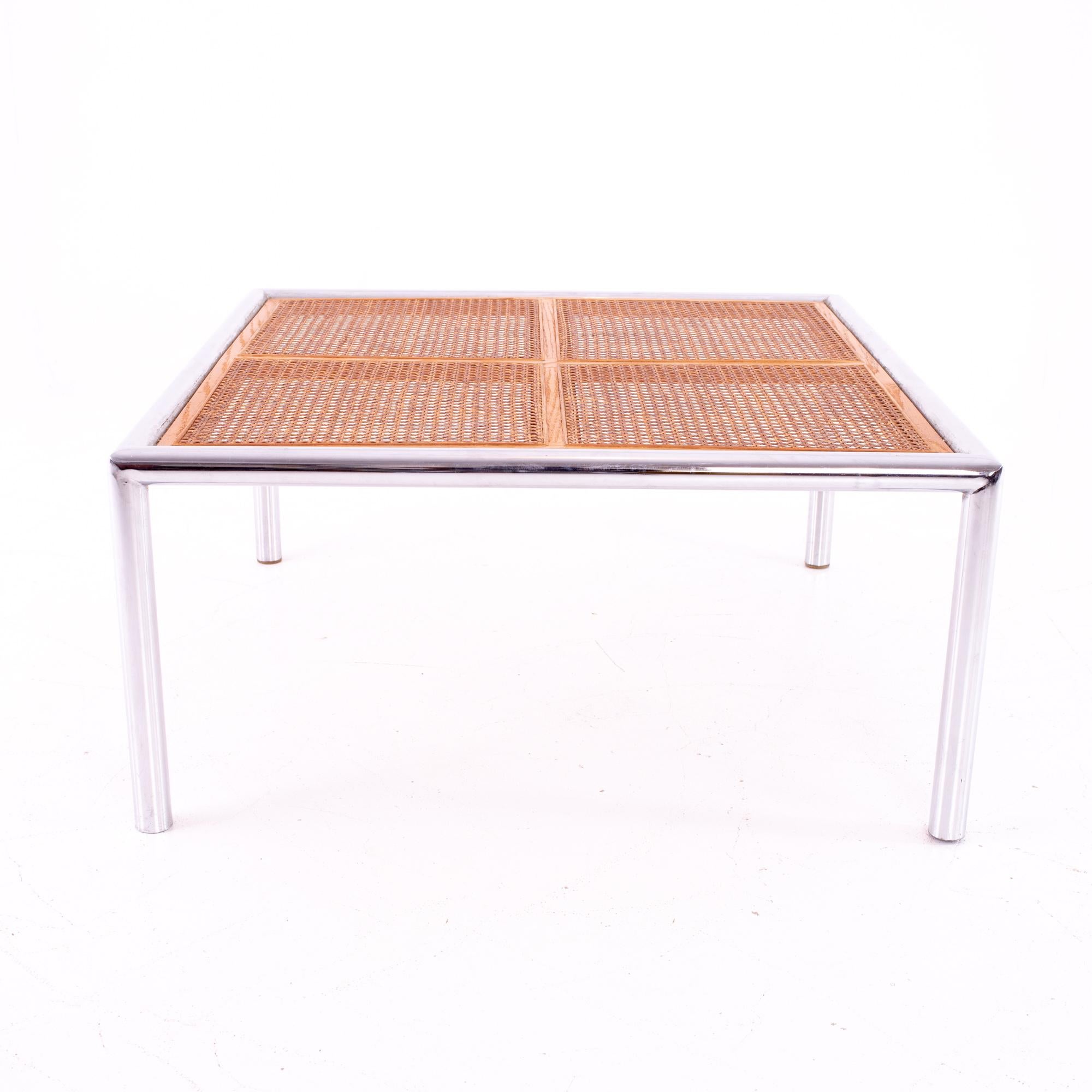 Milo Baughman Style Mid Century cane and chrome glass top coffee table
Coffee table measures: 34 wide x 34 deep x 16.25 high

All pieces of furniture can be had in what we call restored vintage condition. This means the piece is restored upon