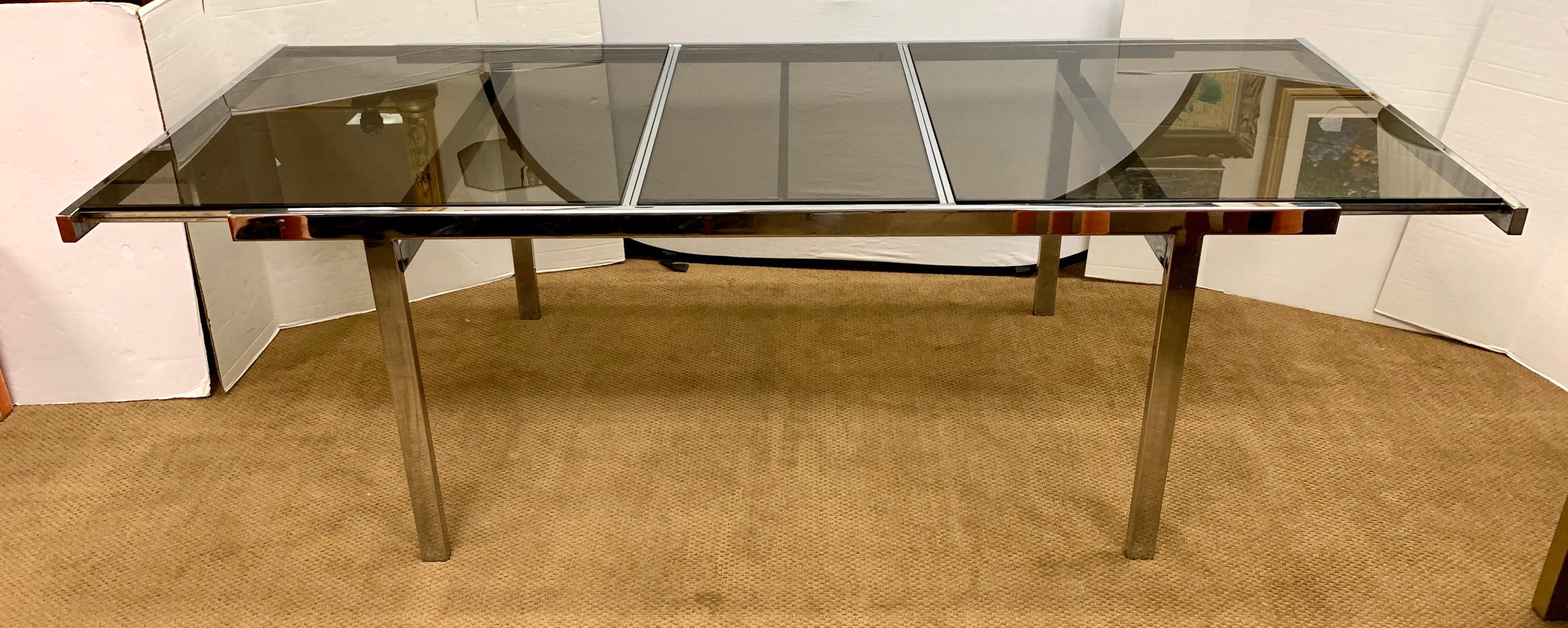Milo Baughman Midcentury Expandable Chrome and Glass Dining Room Table 2
