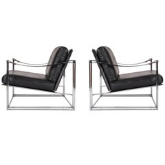 Milo Baughman Mid-Century Modern Black Leather Club Lounge Chairs, Thayer Coggin