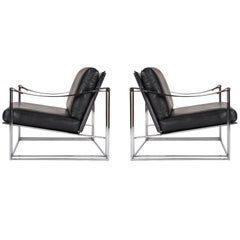 Milo Baughman Mid-Century Modern Black Leather Club Lounge Chairs, Thayer Coggin