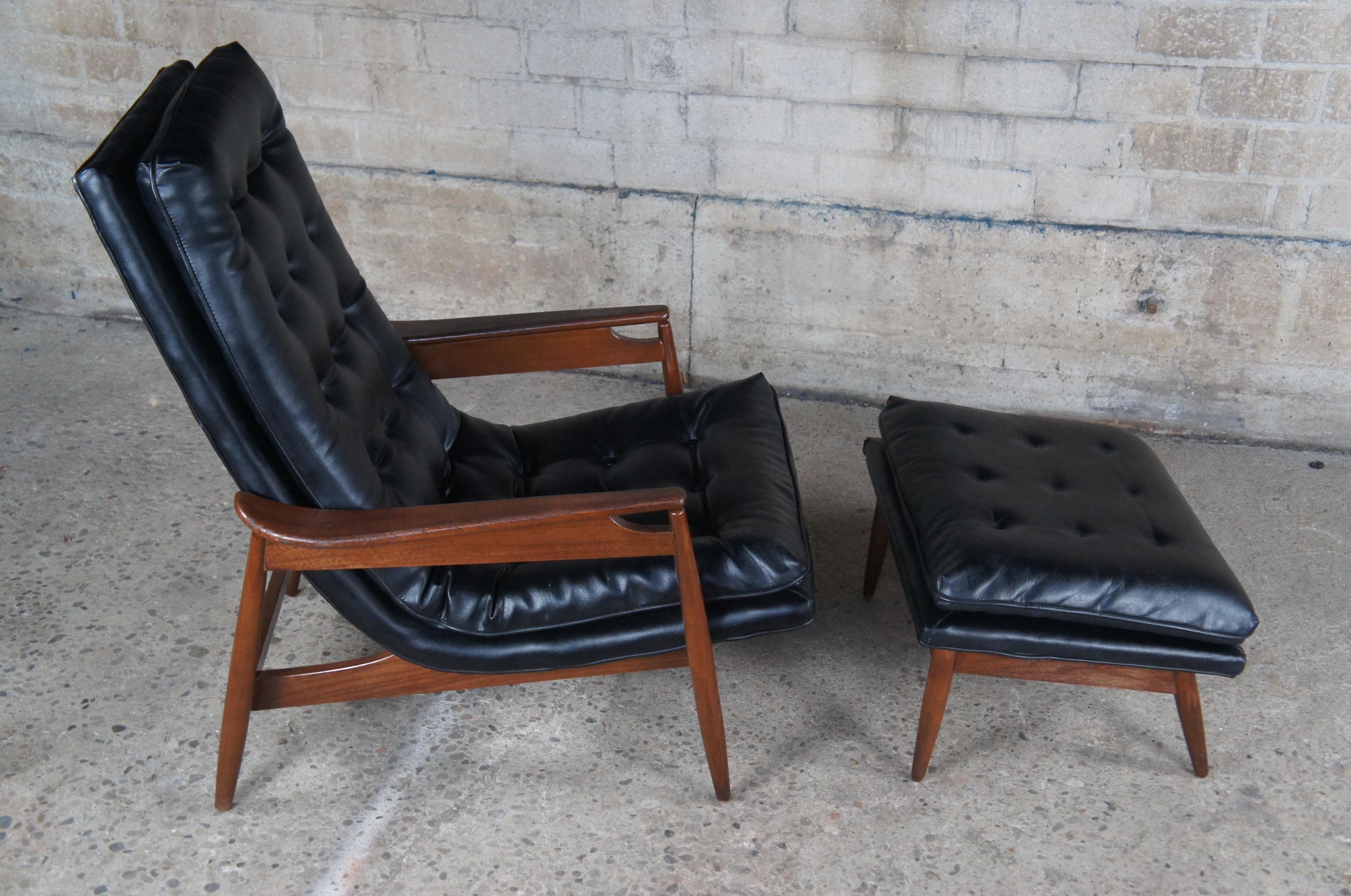 Naugahyde Milo Baughman Mid-Century Modern Black Scoop Lounge Armchair & Ottoman