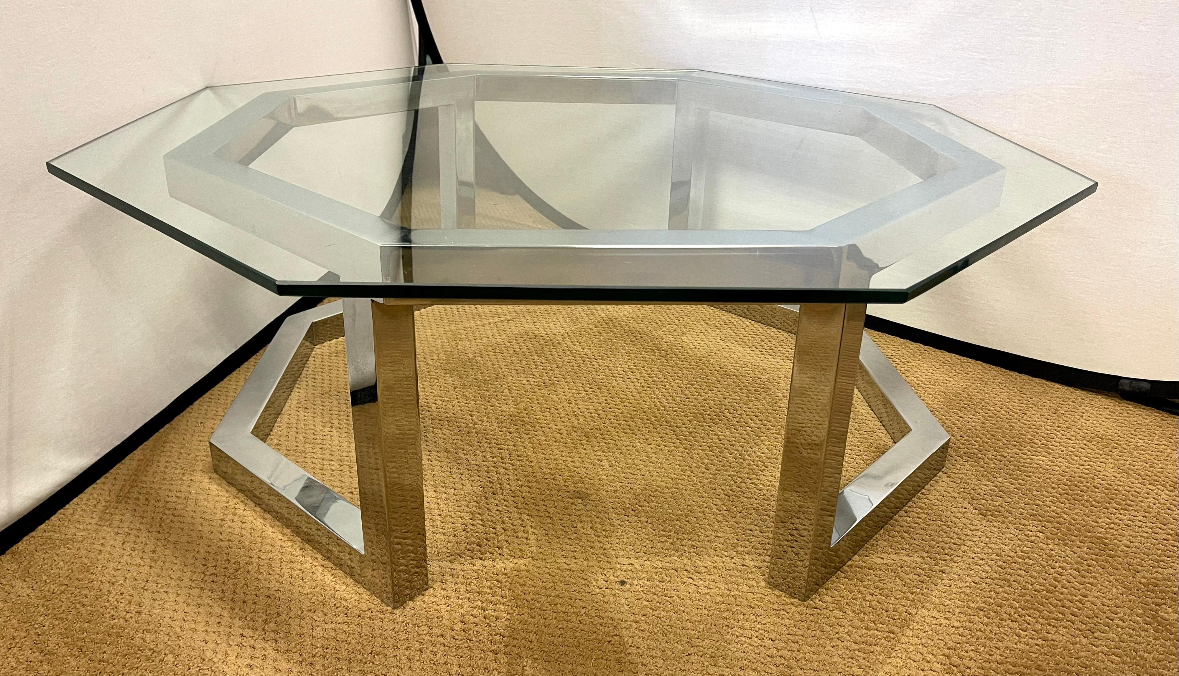 American Milo Baughman Mid-Century Modern Octagonal Glass & Chrome Cocktail Coffee Table