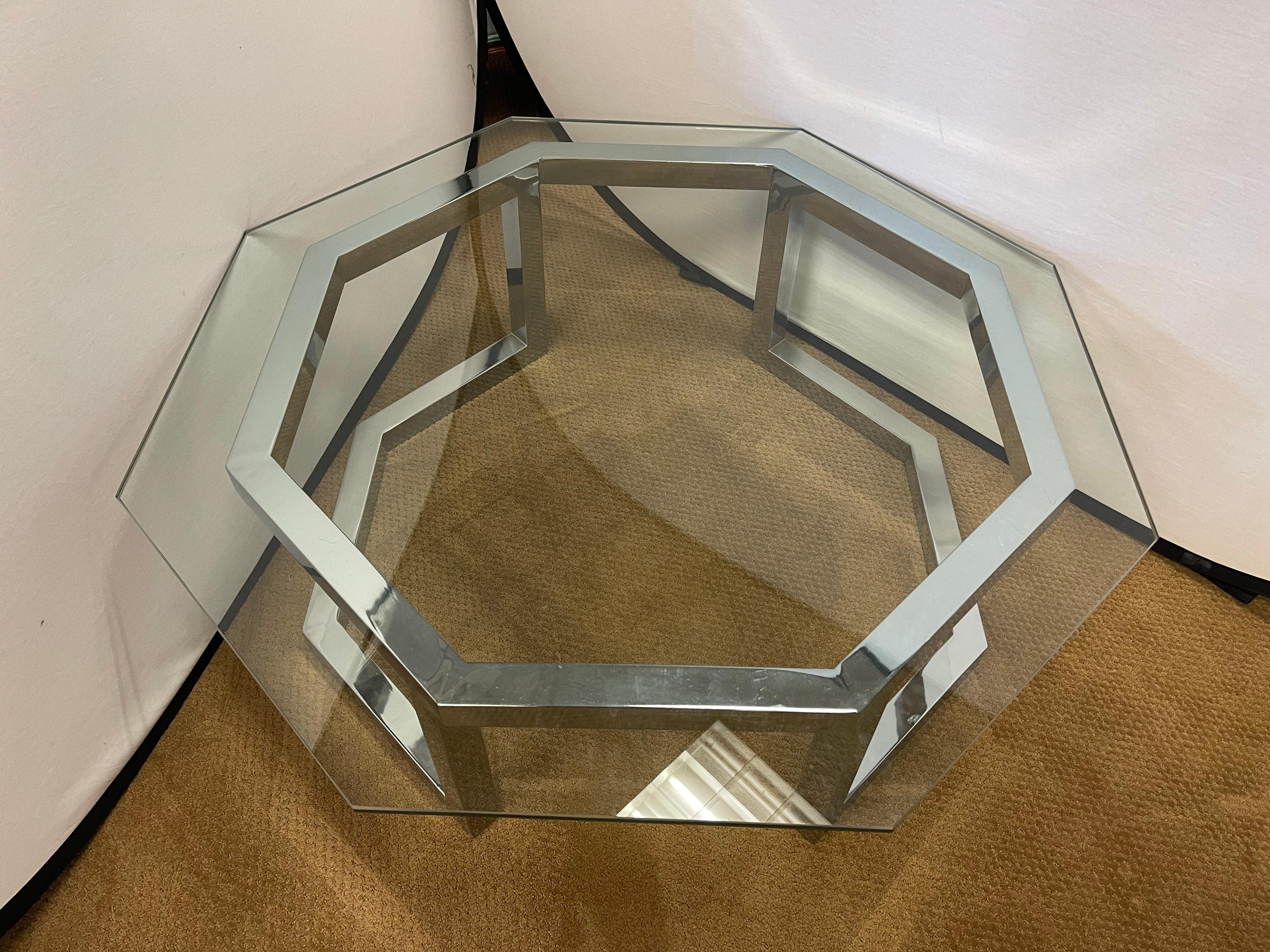 Milo Baughman Mid-Century Modern Octagonal Glass & Chrome Cocktail Coffee Table 1