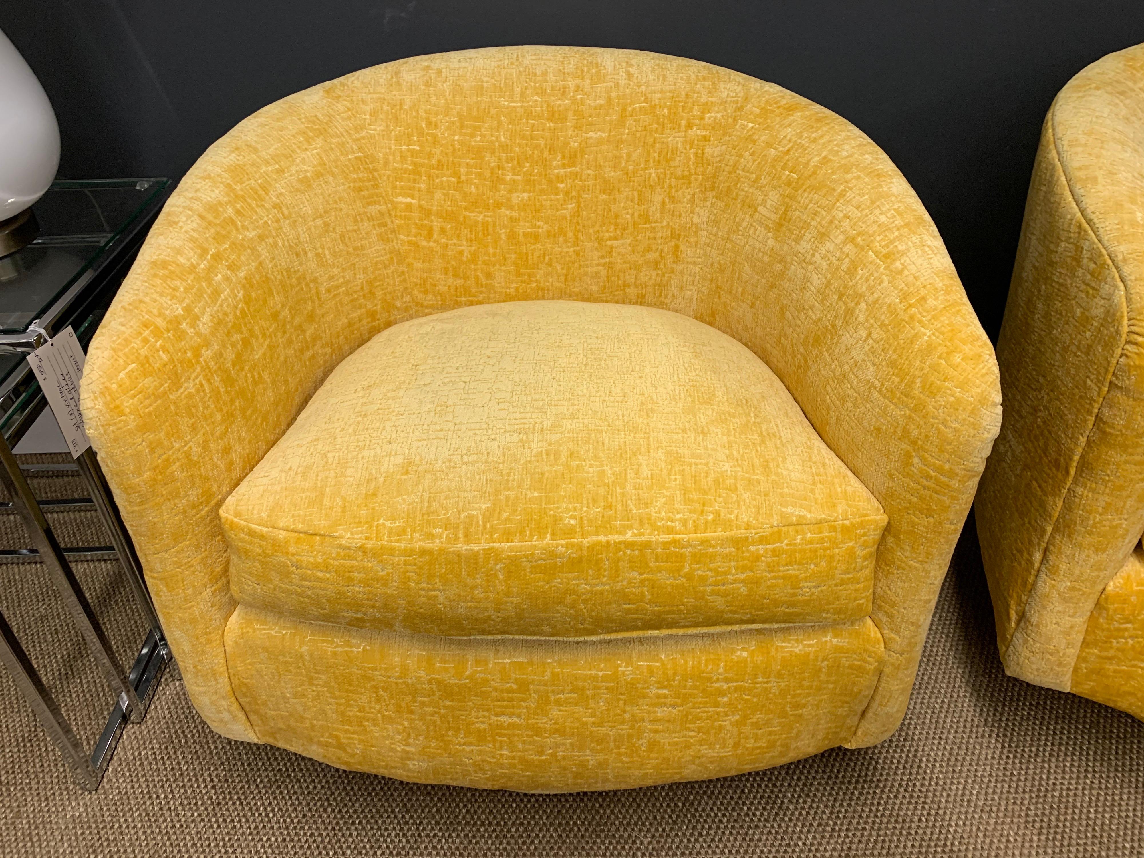 American Milo Baughman Midcentury Newly Upholstered Yellow Swivel Chair