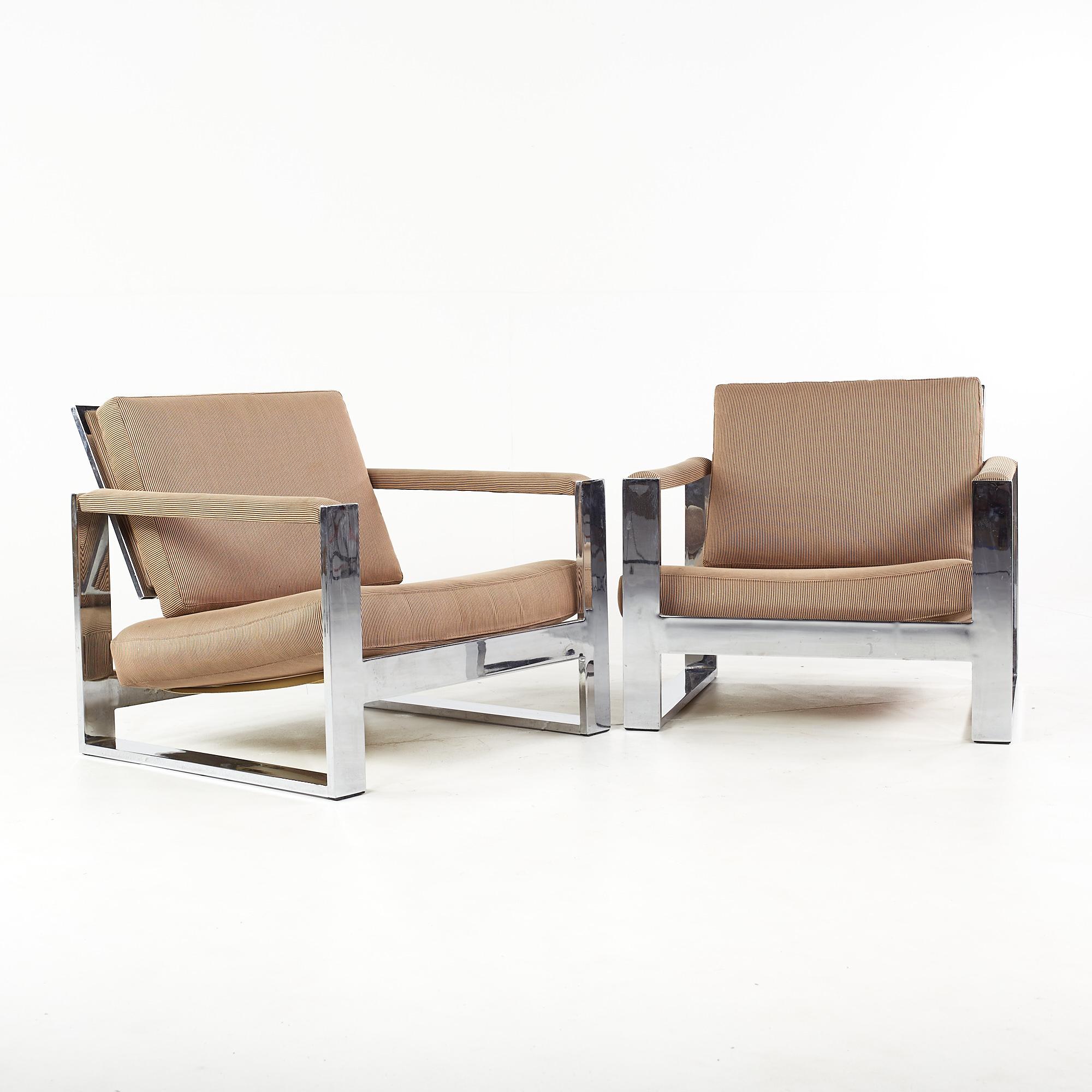 Milo Baughman Mid Century Tank Chrome Flat Bar Lounge Chairs - Pair

Each chair measures: 30.5 wide x 32 deep x 27 high, with a seat height of 12.5 and arm height of 20.5 inches

All pieces of furniture can be had in what we call restored vintage