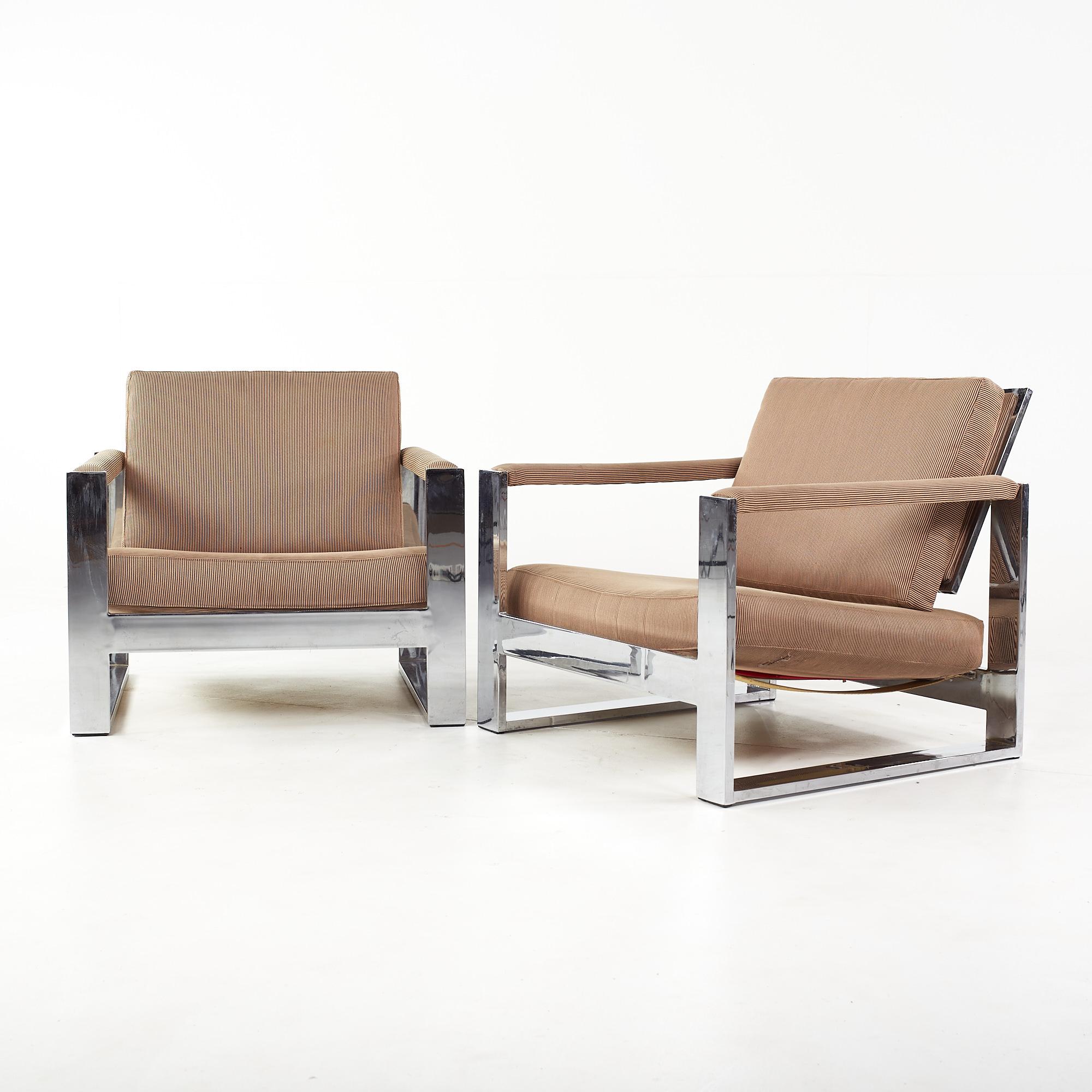 Mid-Century Modern Milo Baughman Mid Century Tank Chrome Flat Bar Lounge Chairs - Pair