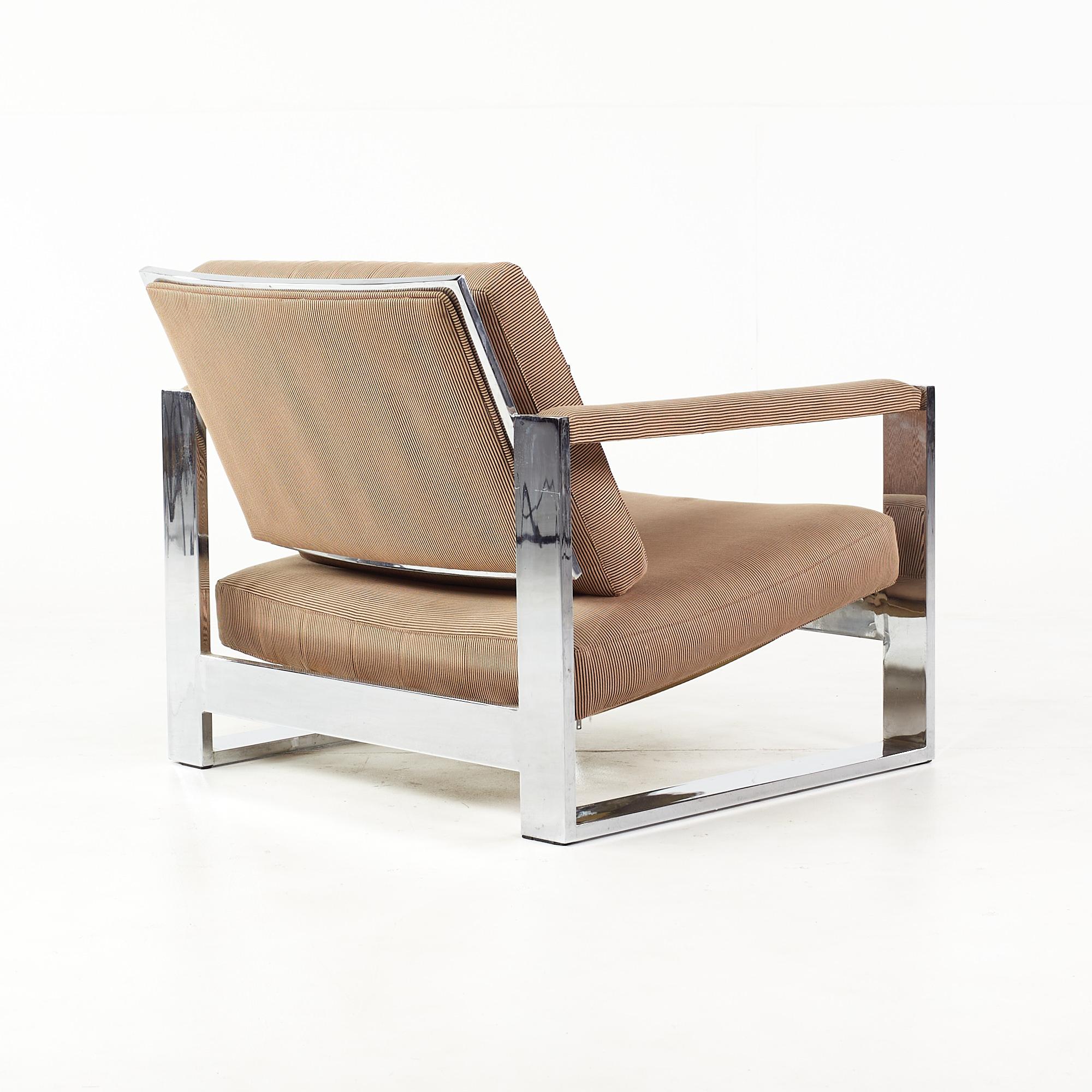Upholstery Milo Baughman Mid Century Tank Chrome Flat Bar Lounge Chairs - Pair