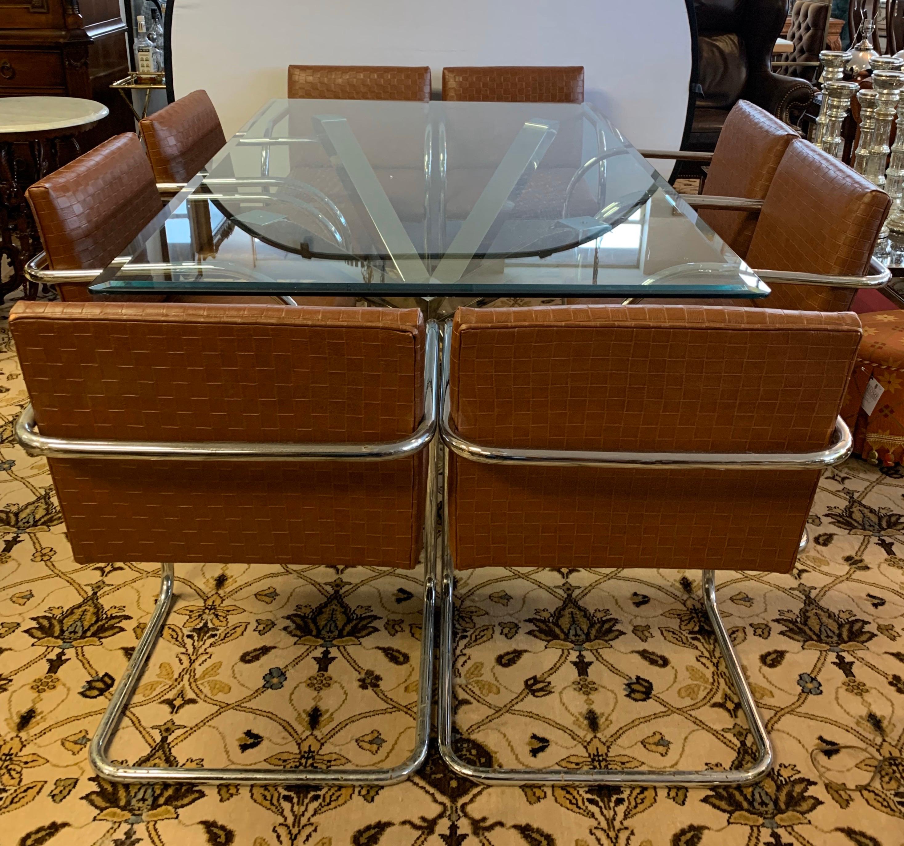 Mid-Century Modern Milo Baughman Style Dining Room Set Table & 8 Leather Cantilever Chairs