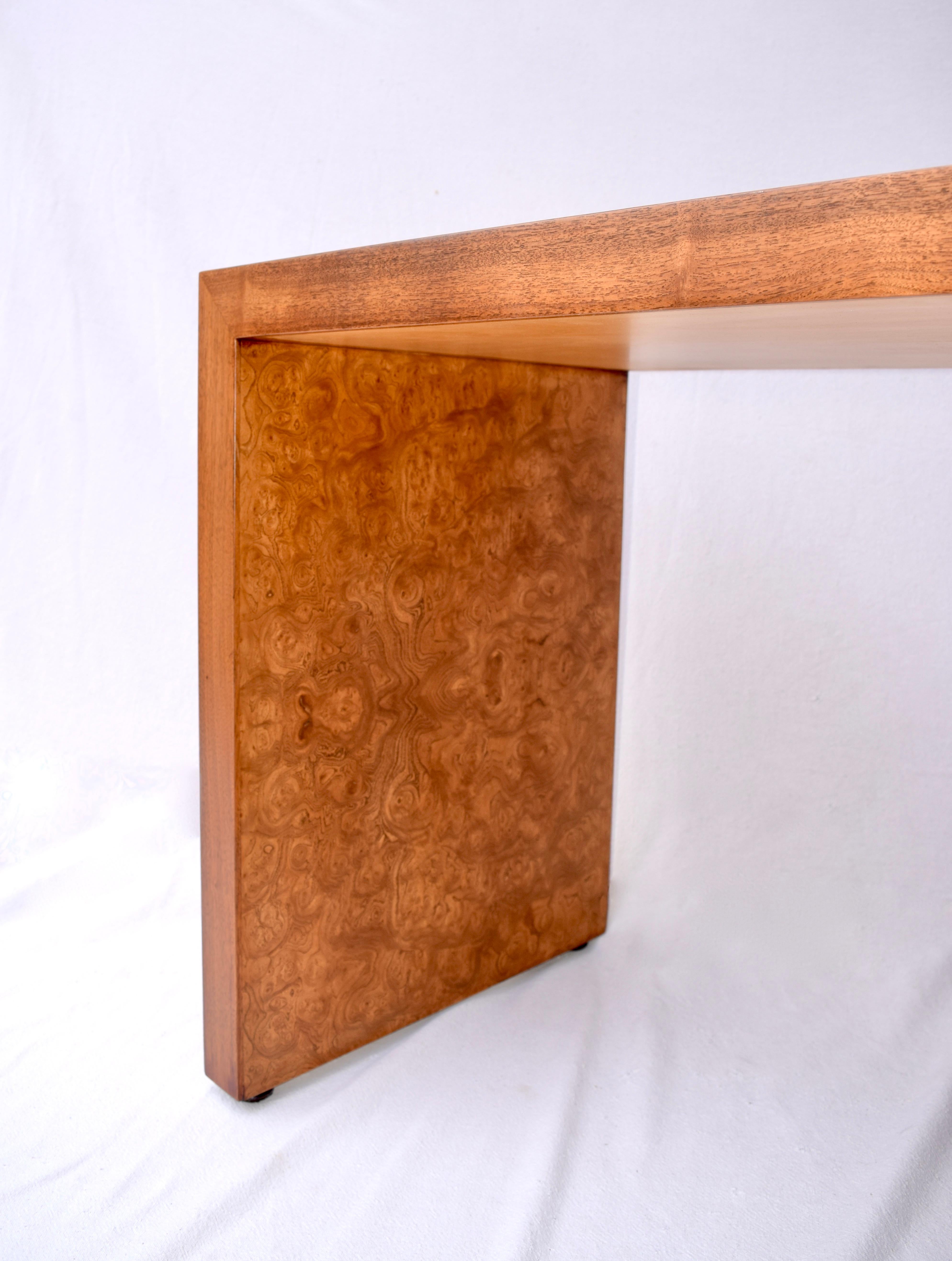 Milo Baughman Mid-Century Modern Burl Wood Console Parsons Sofa Table, USA 1970s 1
