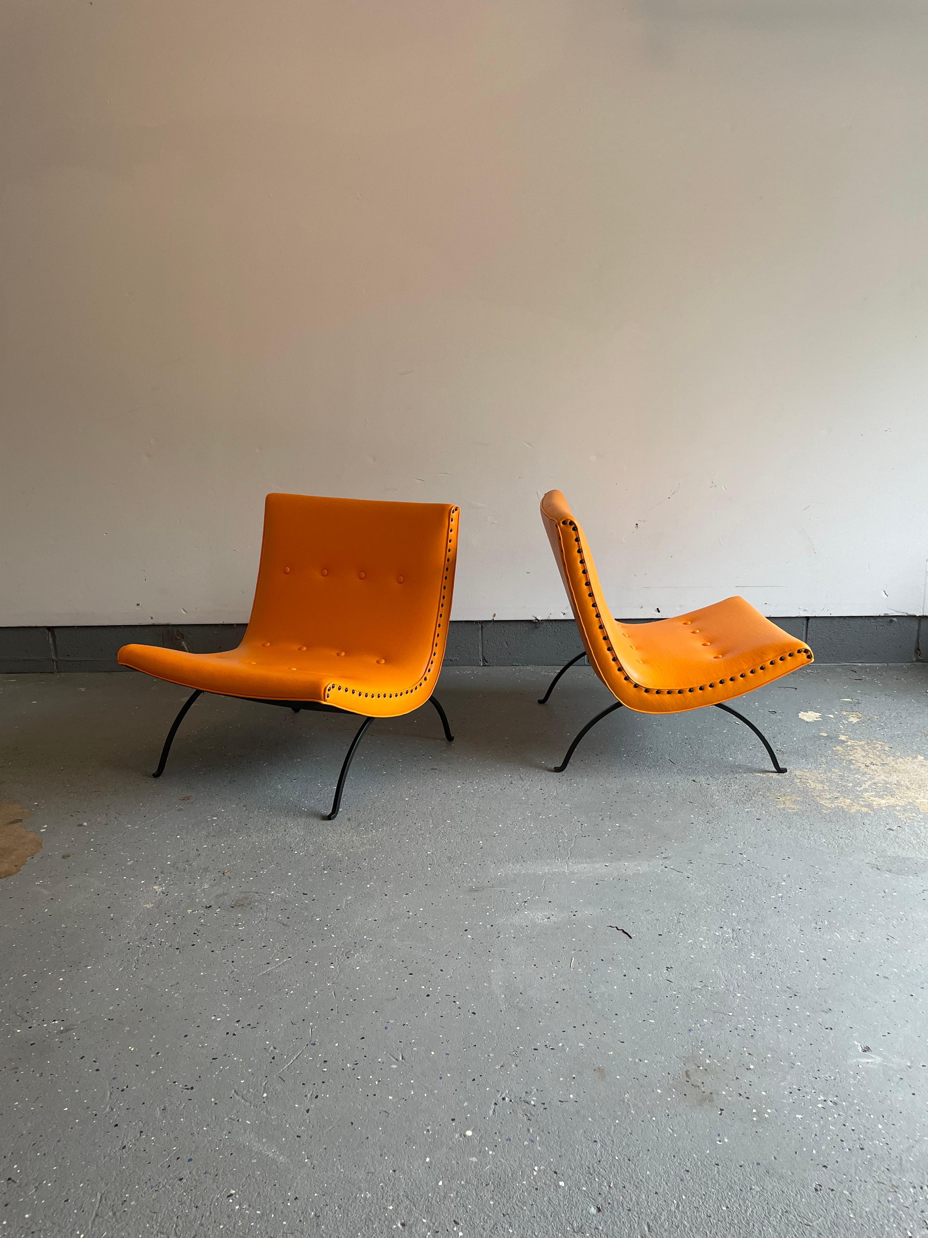 Mid-Century Modern Milo Baughman Minimalist Iron Base Scoop Lounge Chairs for James Mfg