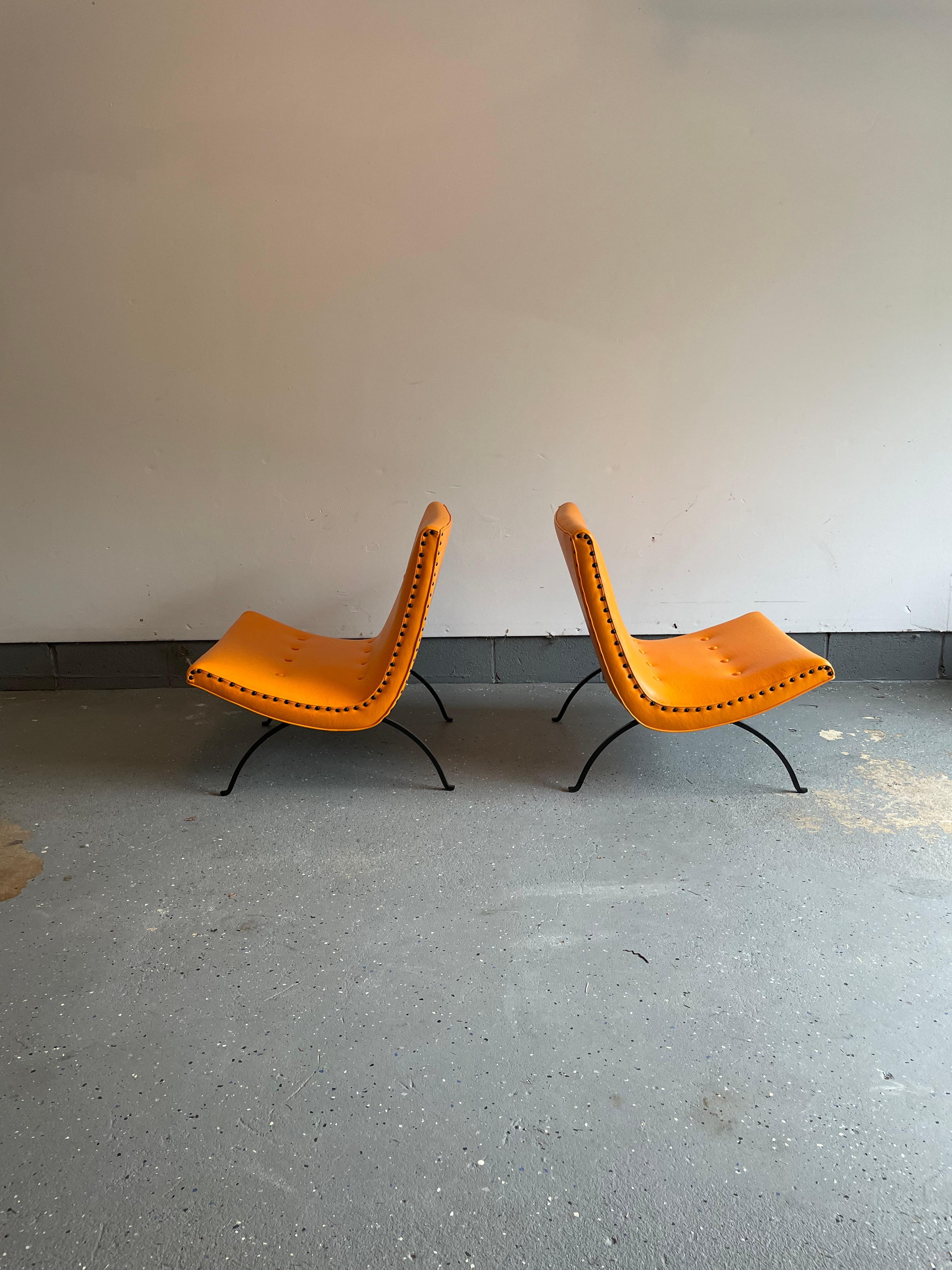 American Milo Baughman Minimalist Iron Base Scoop Lounge Chairs for James Mfg