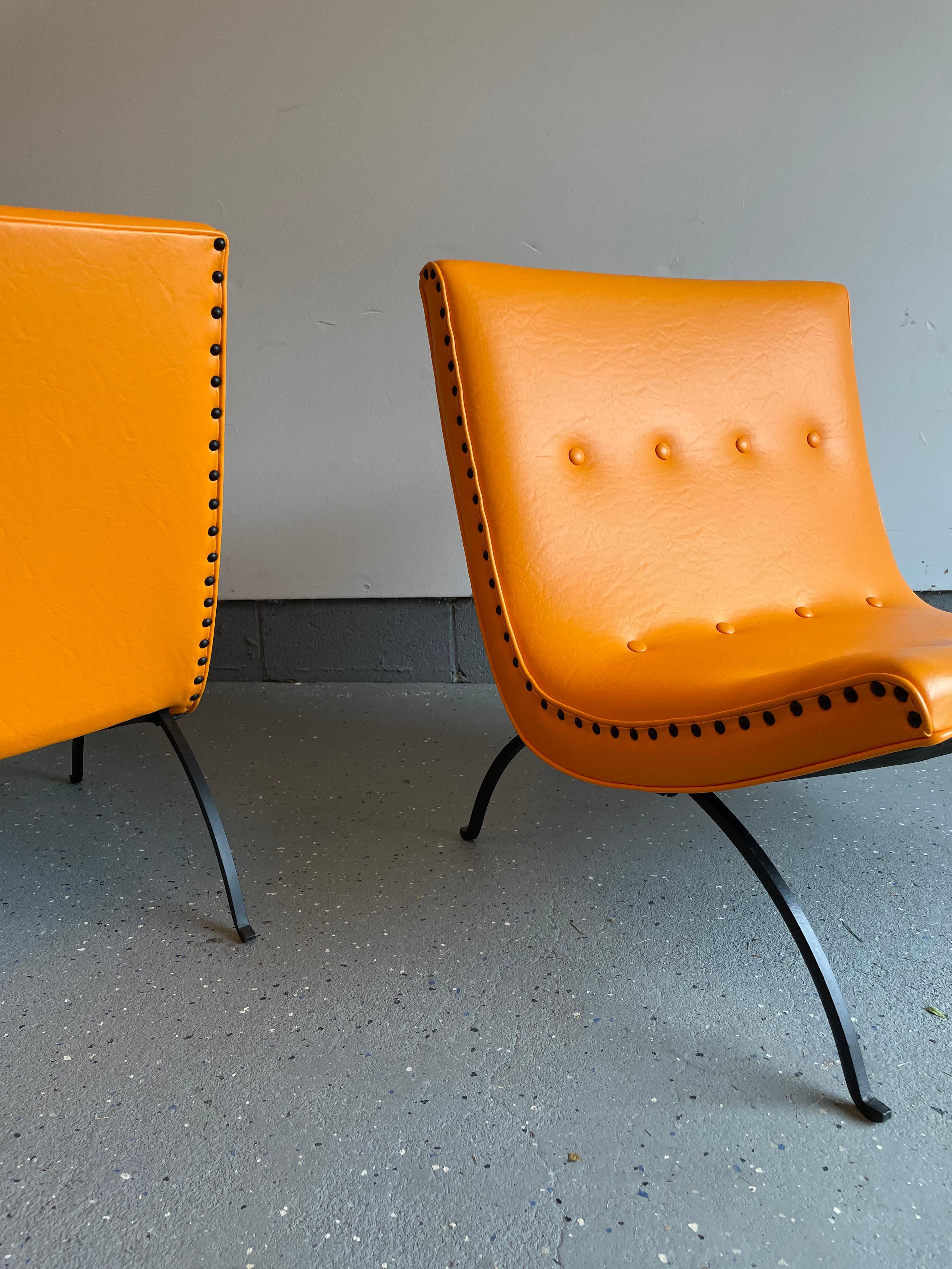 Mid-20th Century Milo Baughman Minimalist Iron Base Scoop Lounge Chairs for James Mfg